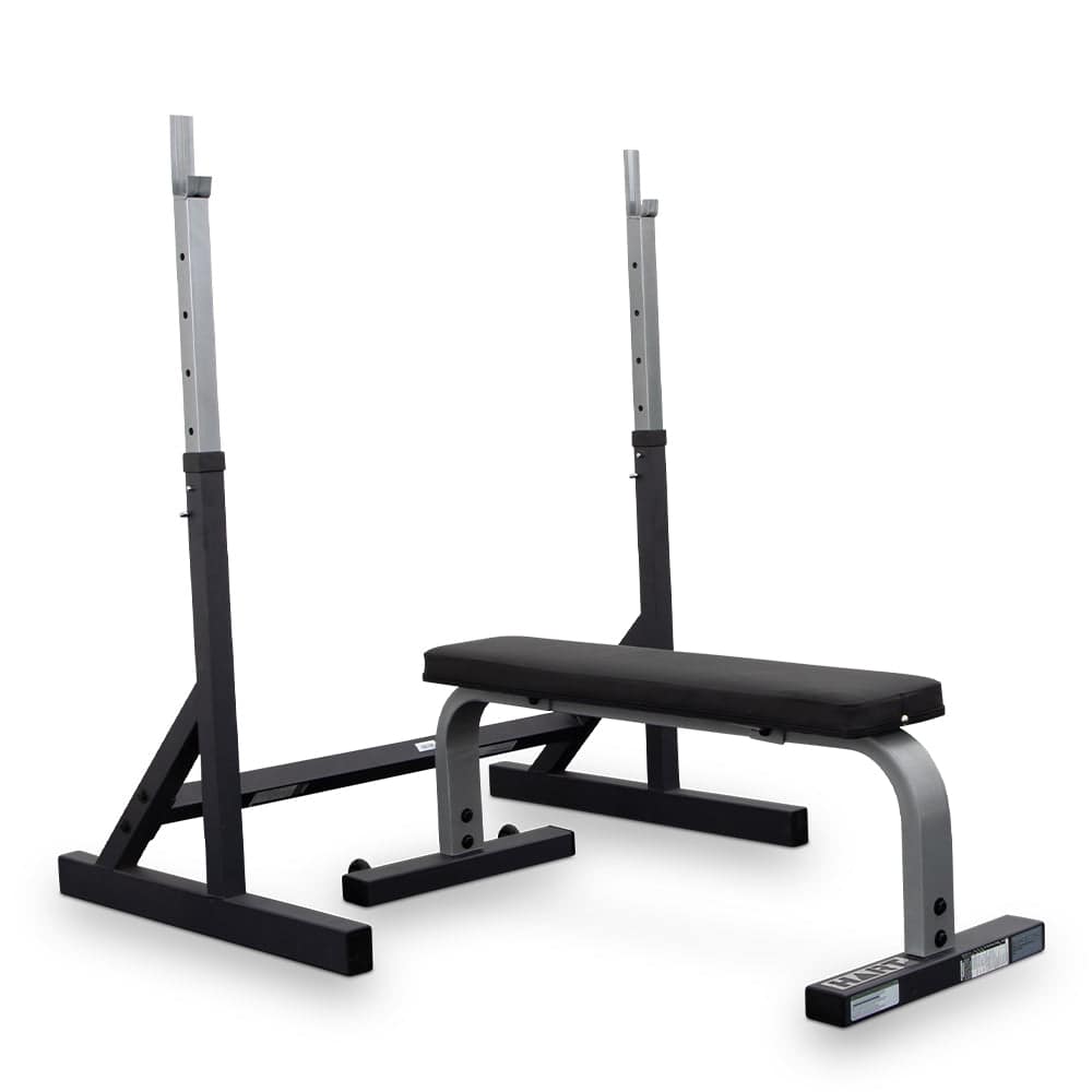 HART Adjustable Squat Stand with Flat Bench - Heavy Duty Weightlifting Equipment for Home Gym - Perfect for Squats, Bench Press & Strength Training