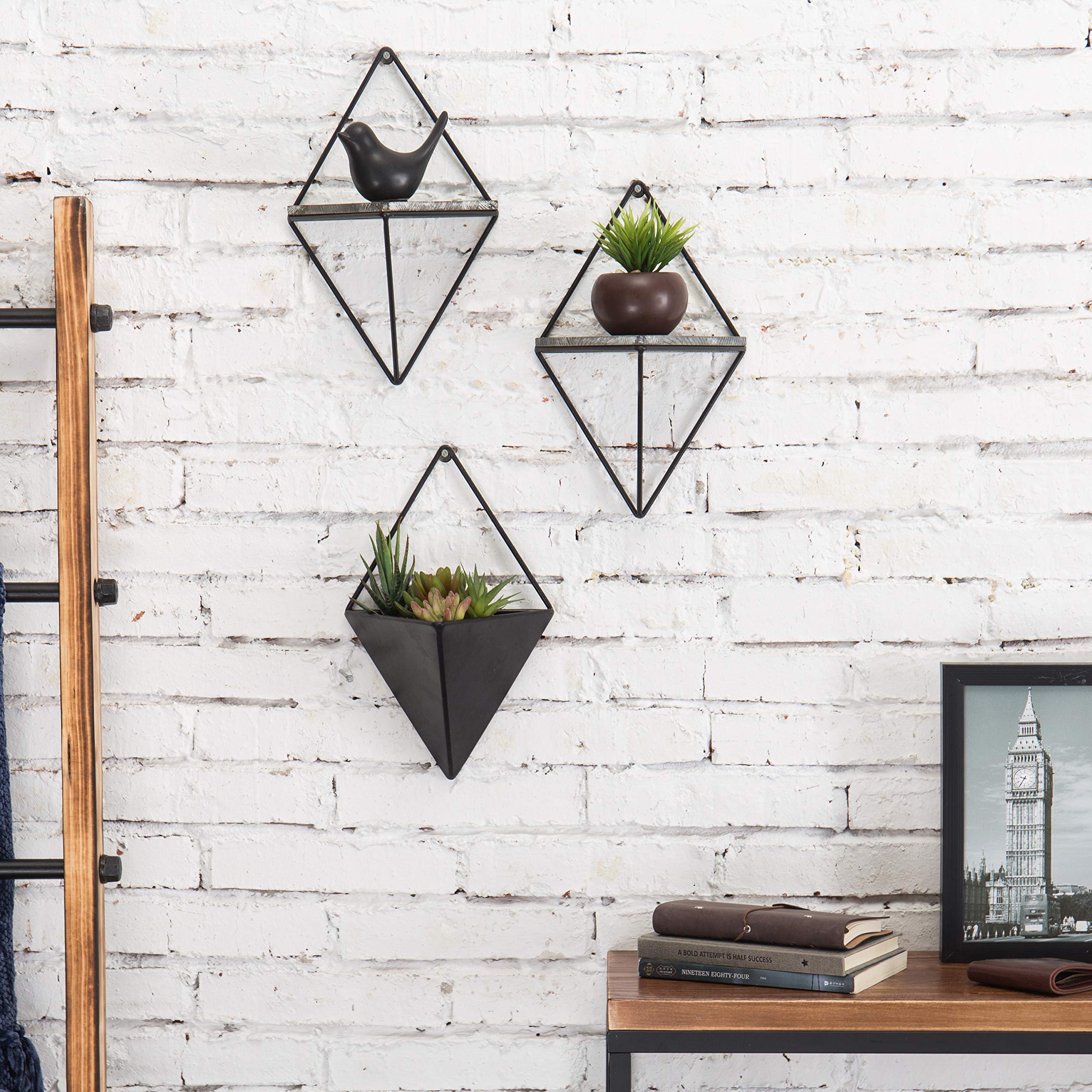 MyGift 3-Piece Indoor Wall Planter Set with Wooden Shelves & Black Metal Frames - Perfect for Home Decor, Kitchen Herb Garden, and Living Room Plant Display