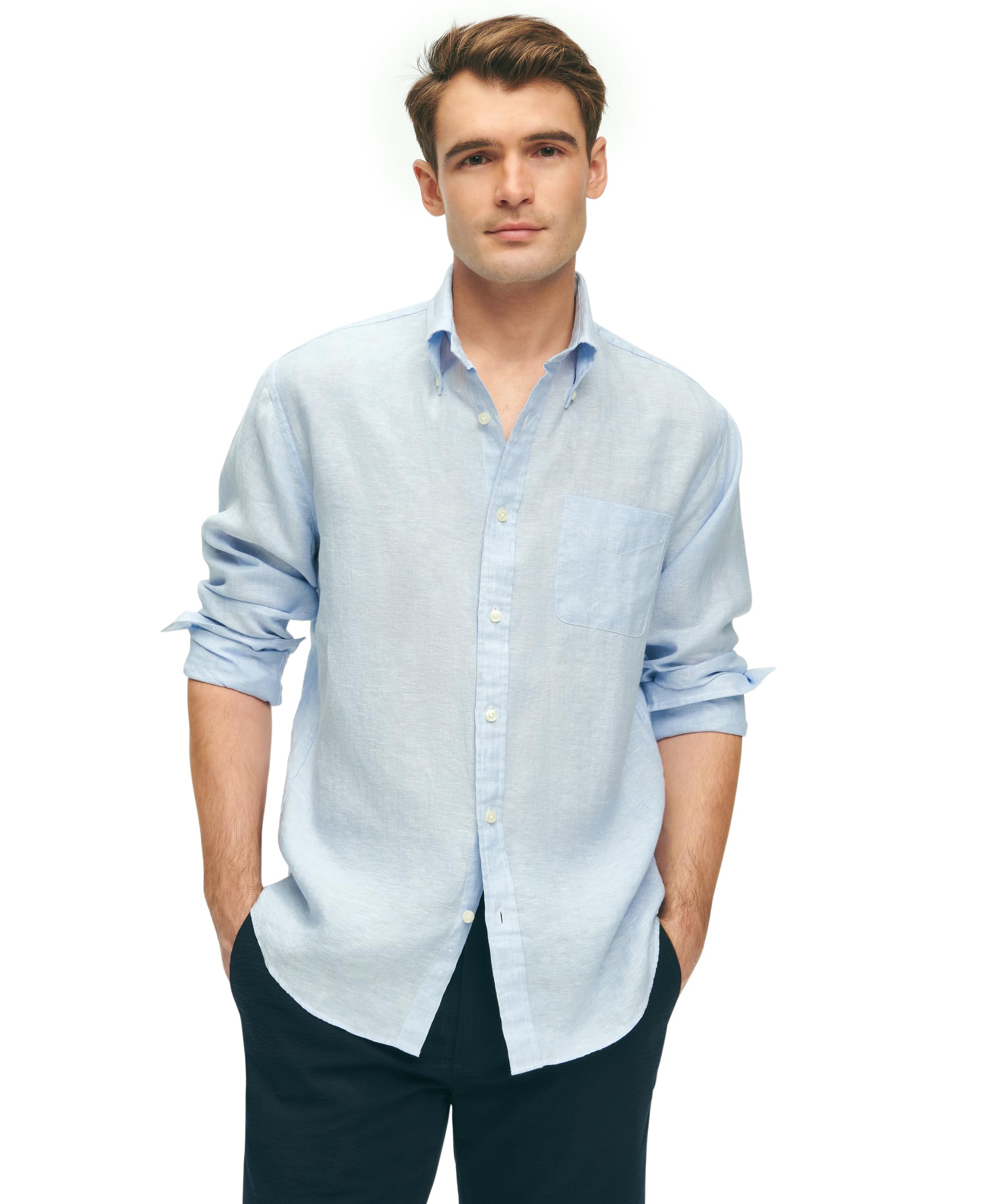Brooks Brothers Men's Premium Irish Linen Long Sleeve Casual Shirt | Breathable & Comfortable Button Down for Summer | Office Wear & Outdoor Activities