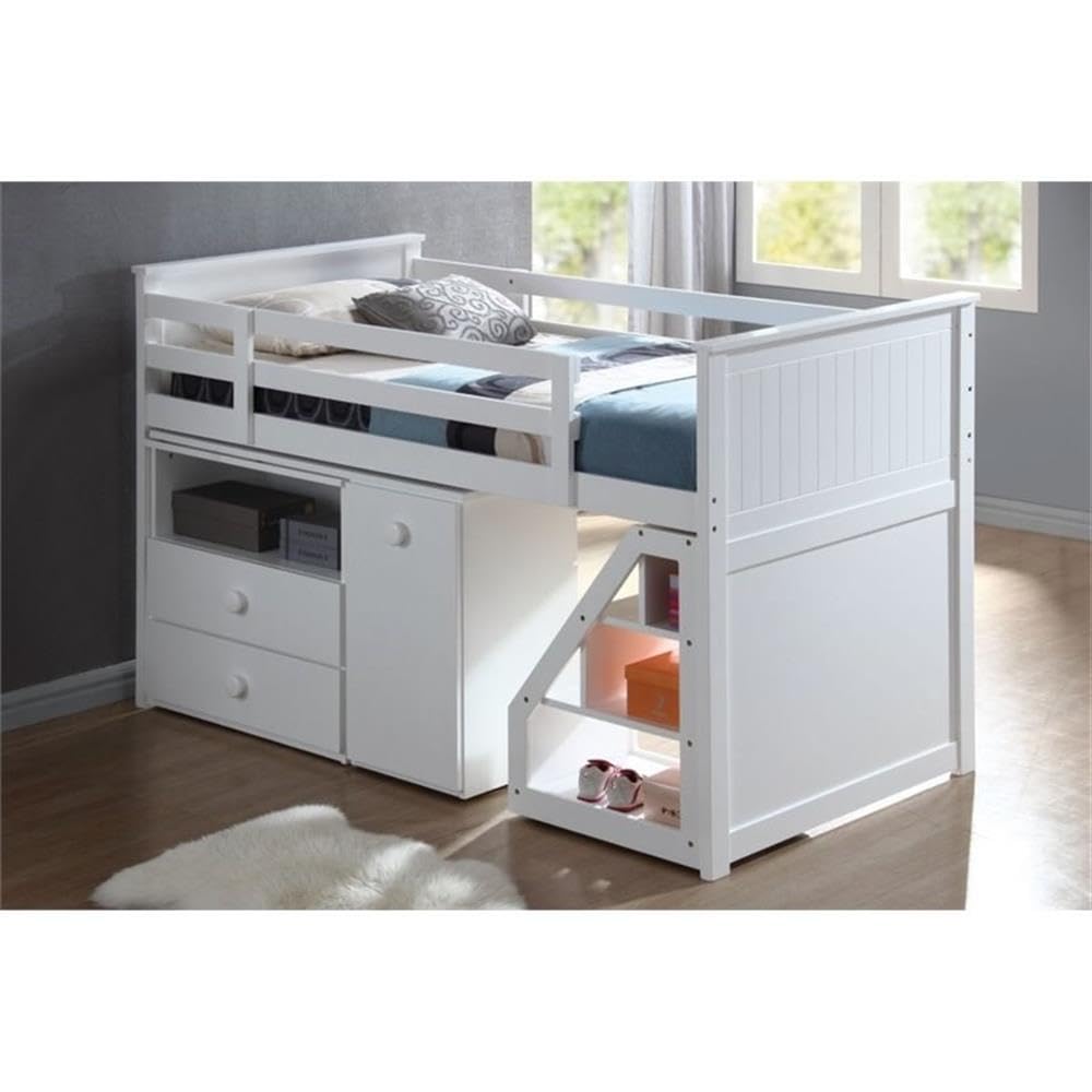 Pemberly Row Twin Size Loft Bed with Storage, Ladder, Chest & Swivel Desk - White | Space-Saving Kids Bedroom Furniture for Small Rooms & Dorm Rooms