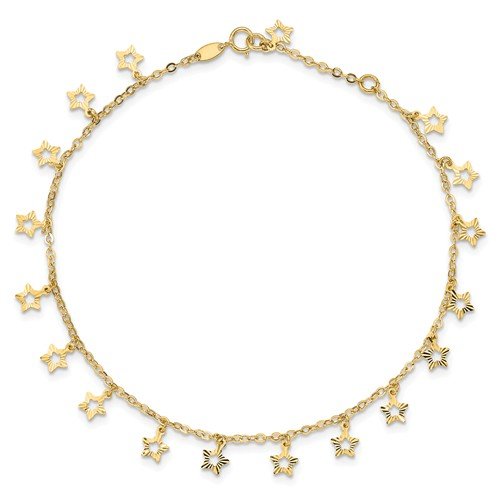 14K Yellow Gold Adjustable Star Anklet - Polished & Textured Design for Women, Perfect for Beach, Summer Outfits & Boho Style Accessories