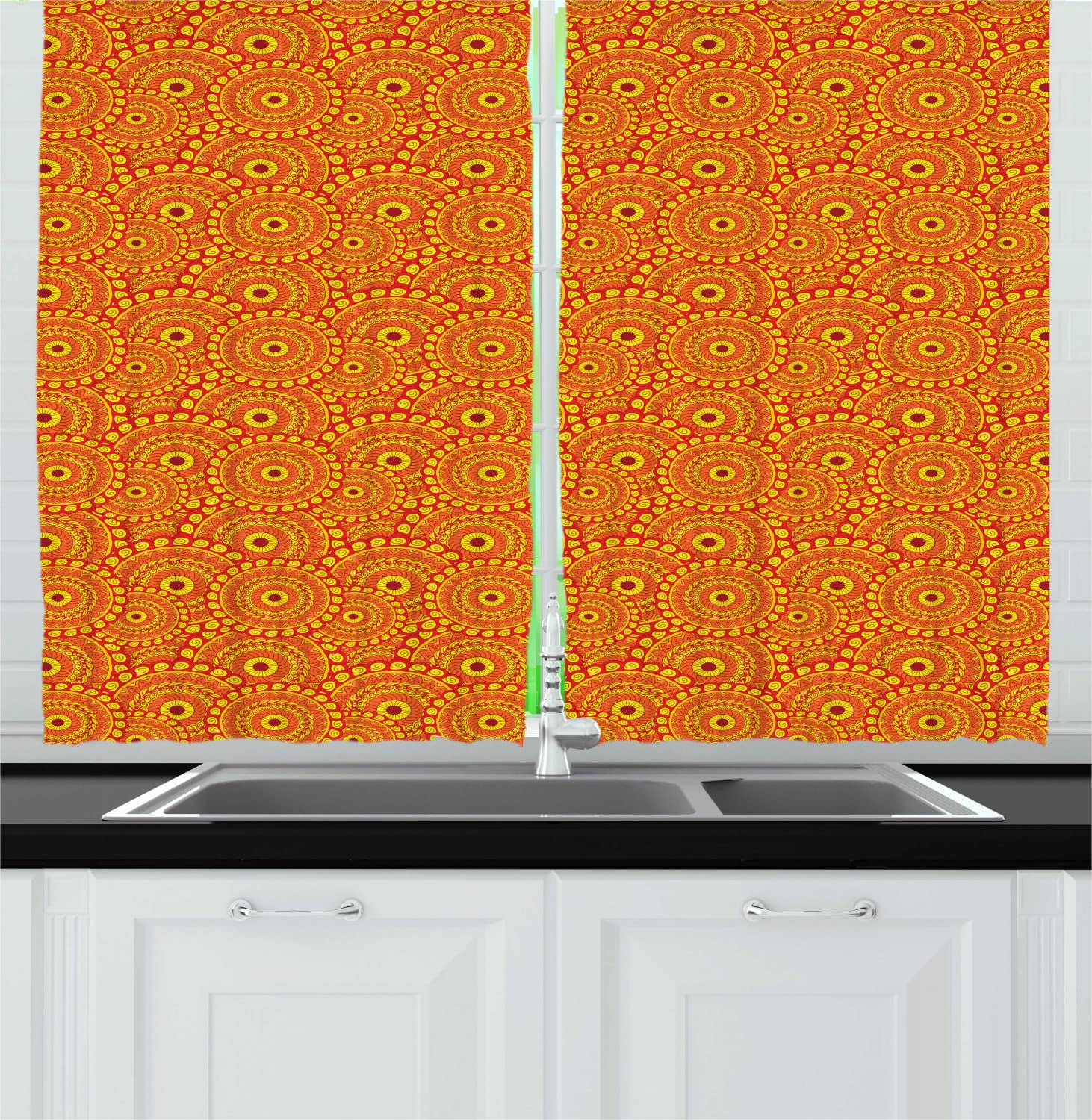 Ambesonne Mandala Kitchen Curtains - Exotic Oriental Inspired Spiral Swirling Design, 2 Panel Set for Window Drapes (55