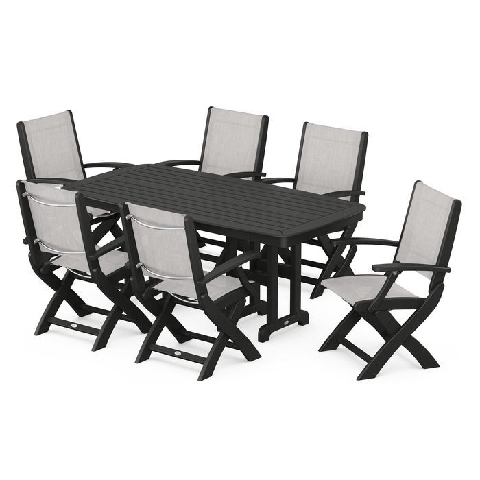 POLYWOOD Coastal Folding Arm Chair 7-Piece Outdoor Dining Set - Perfect for Patio, Deck, Poolside & Beachfront Entertaining