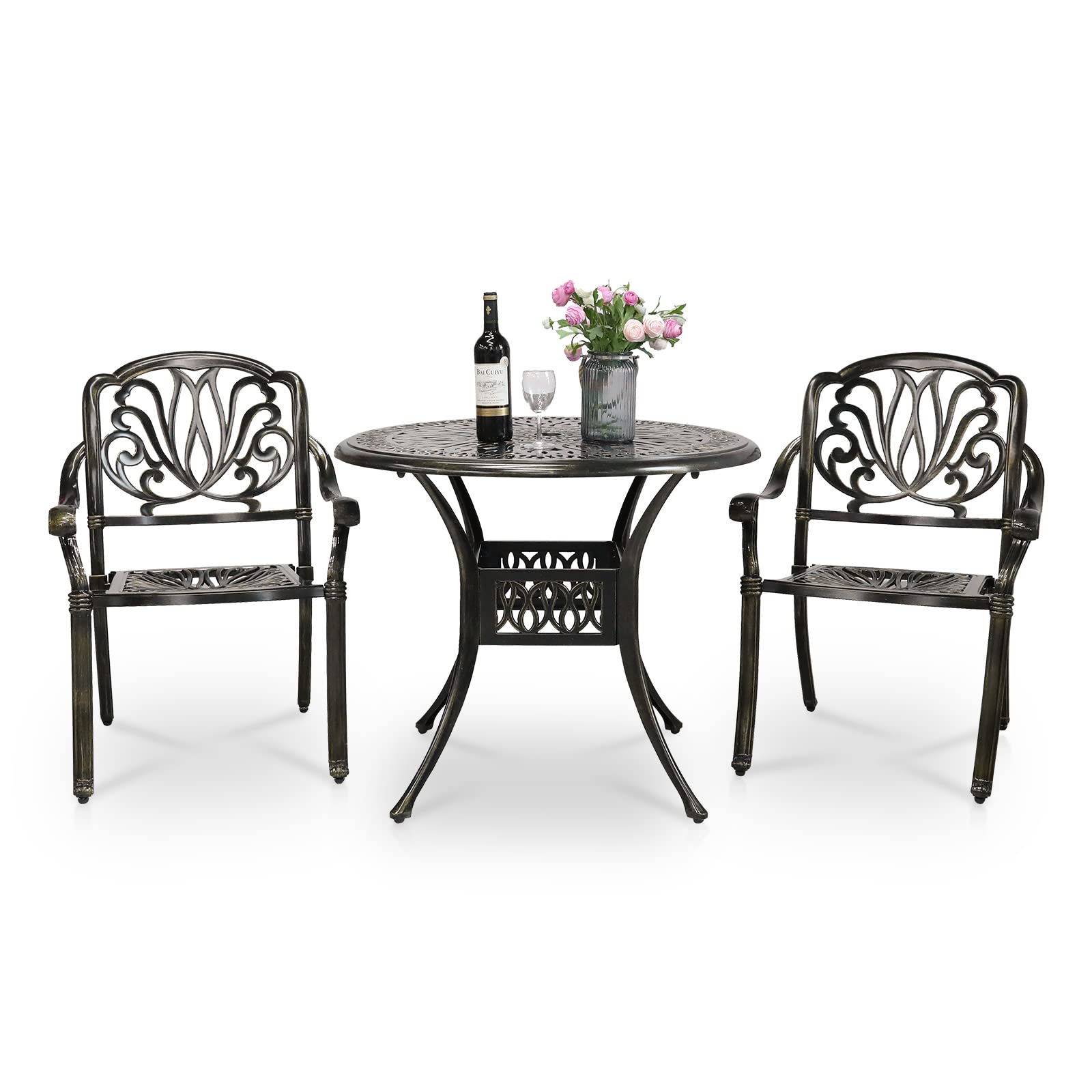 VIVIJASON 3-Piece Outdoor Patio Bistro Set - All-Weather Cast Aluminum Dining Table & Chairs with 35.4