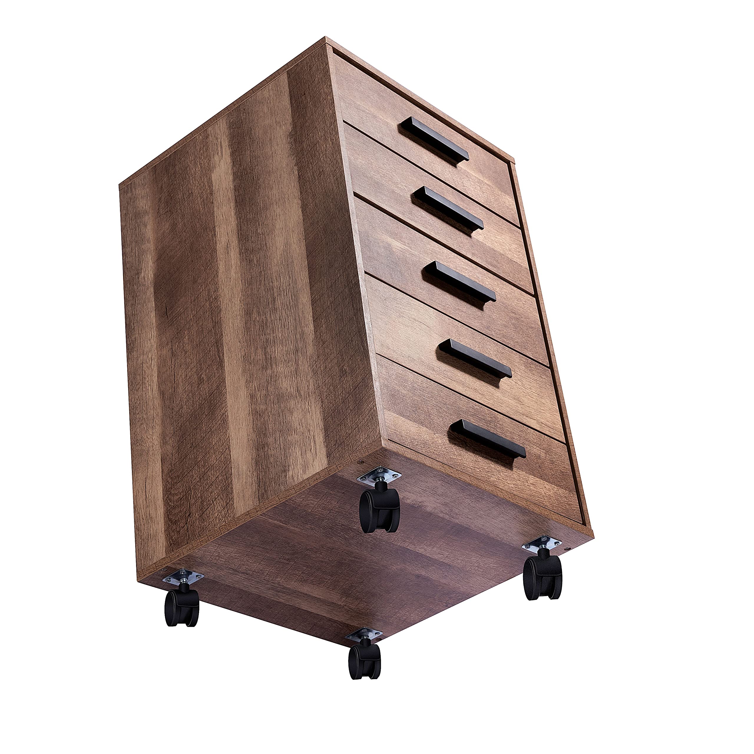 Naomi Home Parker Modern 5-Drawer Dresser Cabinet - Industrial Design Wooden Chest with Swivel Casters & Stylish Handles - Compact Bedroom Storage Solution for Clothes, Accessories & Home Organization (Chestnut)