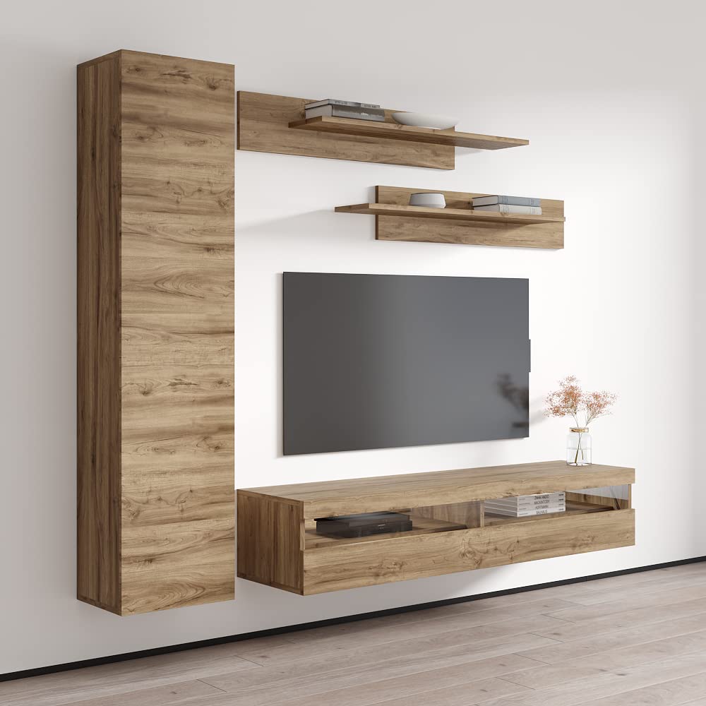 Modern Floating TV Stand with Storage & LED Lights - Wall-Mounted Entertainment Center for Bedroom & Living Room - Oak Wood TV Console with Shelves - Perfect for Small Spaces & Home Theater Setup