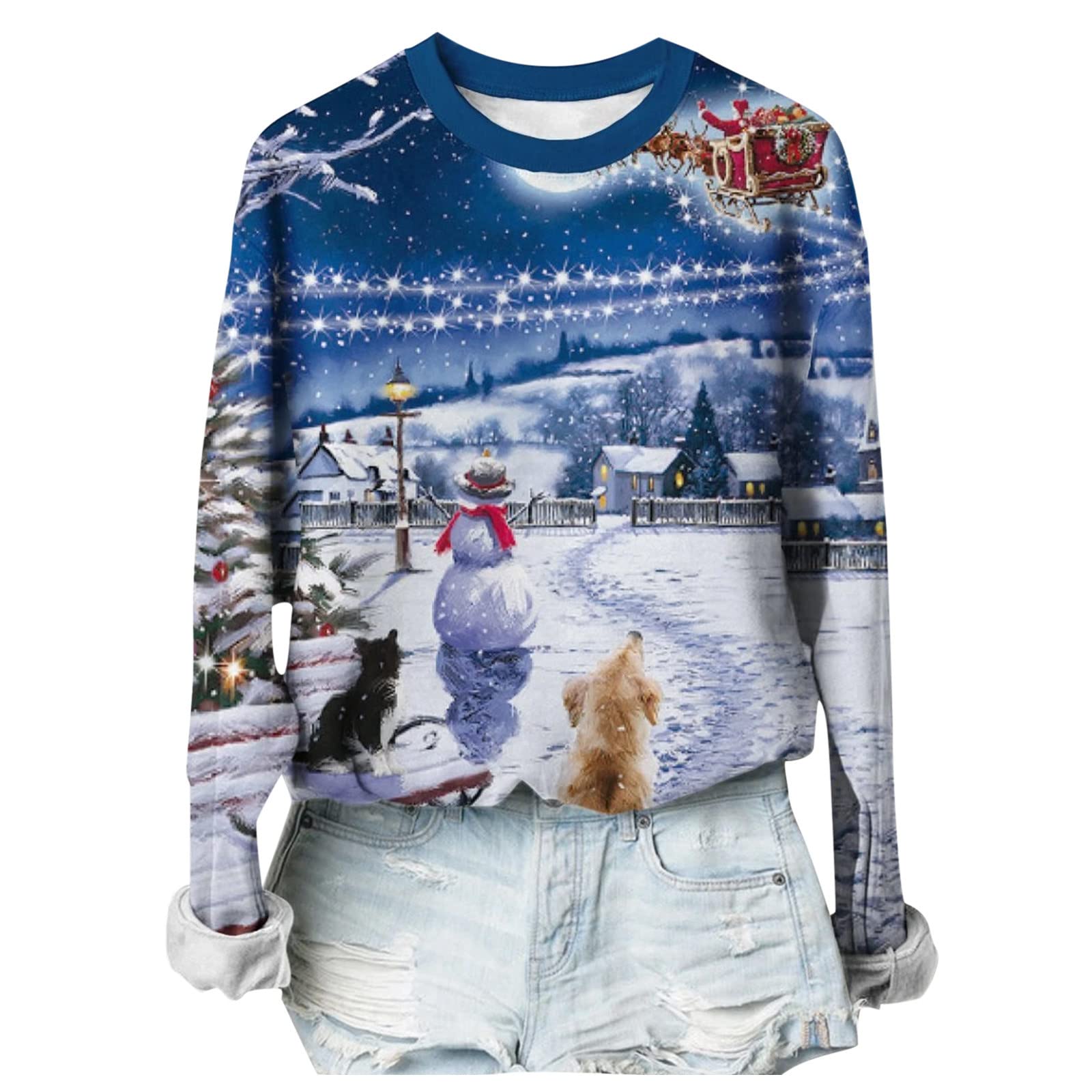 Women's Christmas Printed Long Sleeve Sweatshirt - Cute Casual Round Neck Loose Comfortable Top for Autumn/Winter (Blue, Size S) | Holiday Party Outfit, Gift for Her, Cozy Seasonal Wear