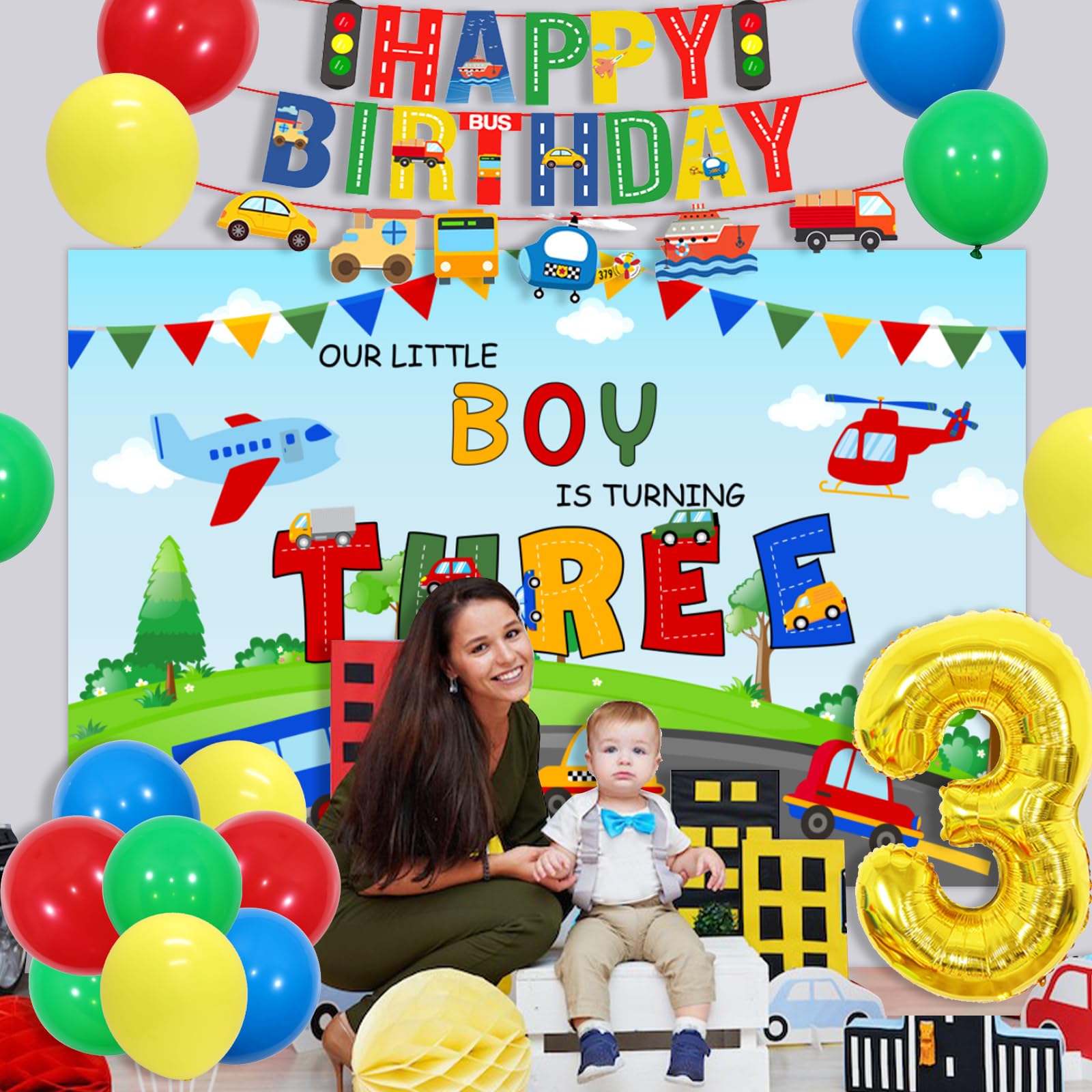 Balerever Transportation Theme 3rd Birthday Party Decorations for Boys - Happy Birthday Banner, Cake & Cupcake Toppers, Train Plane Ship Foil Balloons - Perfect for Transport Vehicle Themed Birthday Celebrations | Ideal for Kids' Birthday Parties, Baby Showers & Special Events