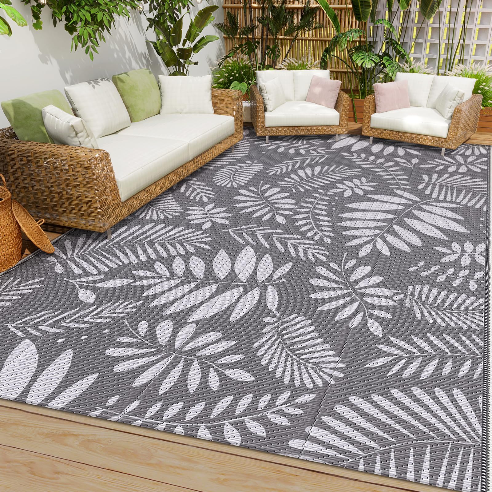 Outdoor Rug 5'x8' - Waterproof Plastic Straw Patio Rug for Camping, RV, Backyard, Deck, Porch, Beach & Balcony - Durable All-Weather Area Mat in White & Gray (Perfect for Outdoor Entertaining & Decor)