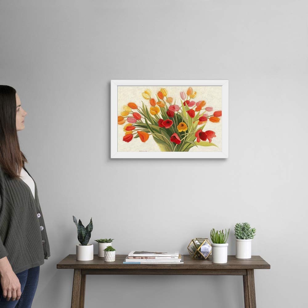 Spring Tulips White Framed Wall Art Print - Elegant Tulip Flower Painting for Home & Office Decor - Perfect for Living Room, Bedroom, Dining Room Wall Decoration