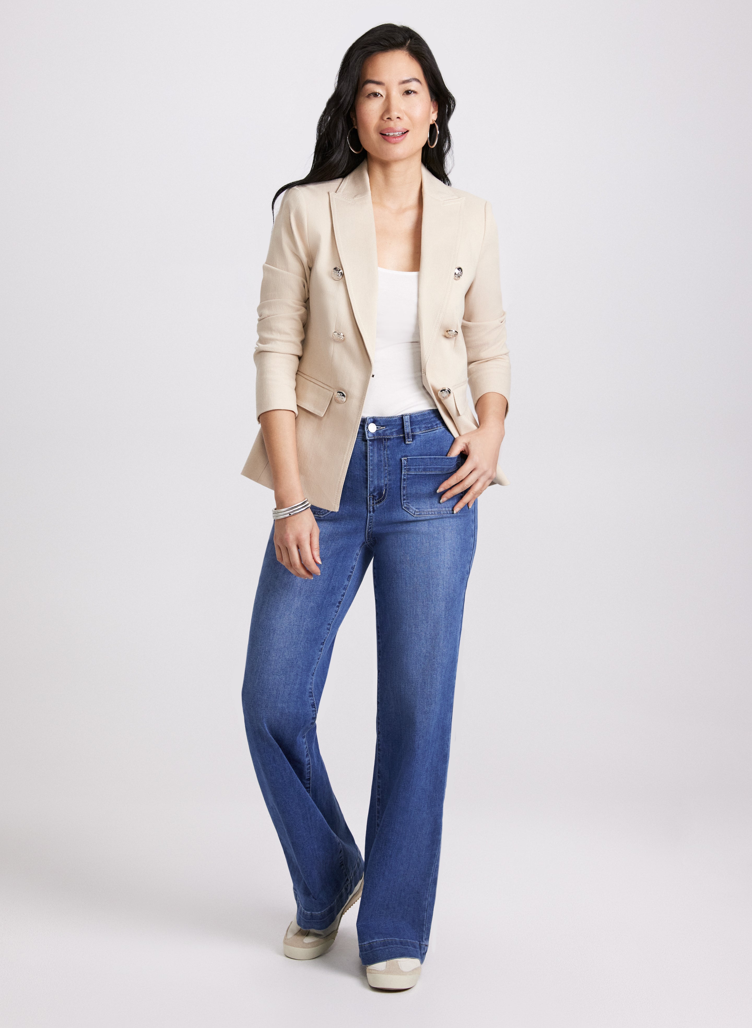 Stylish Denim Double Breasted Blazer with Patch Pocket Wide Leg Jeans Set - Women's Fashion Outfit for Office, Date Night & Casual Wear