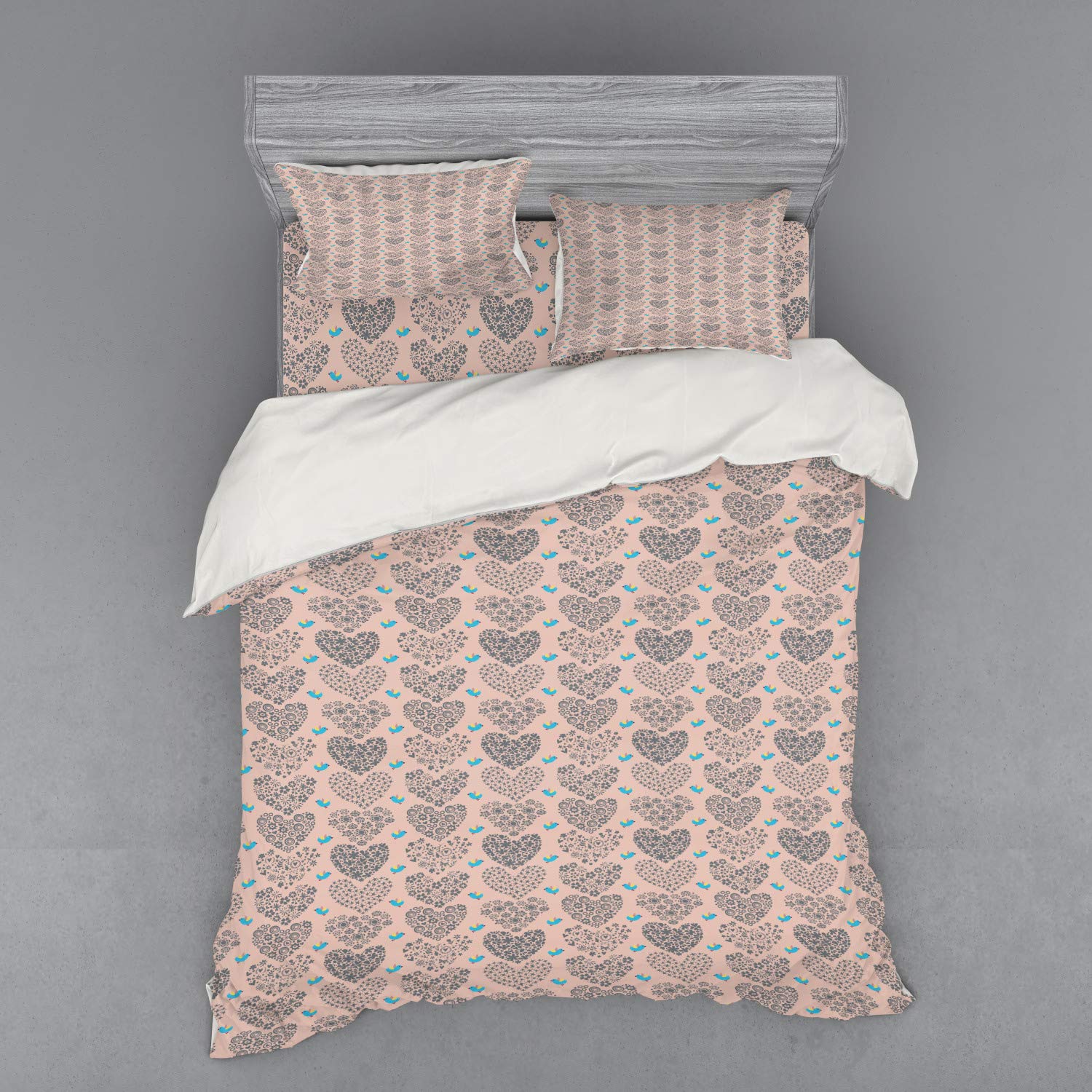 Ambesonne Spring Duvet Cover Set - Birds & Floral Hearts Design, 4-Piece Queen Size Bedding Set with Shams & Fitted Sheet in Pale Salmon & Sky Blue - Perfect for Spring Refresh, Guest Room Makeover & Cozy Bedroom Decor