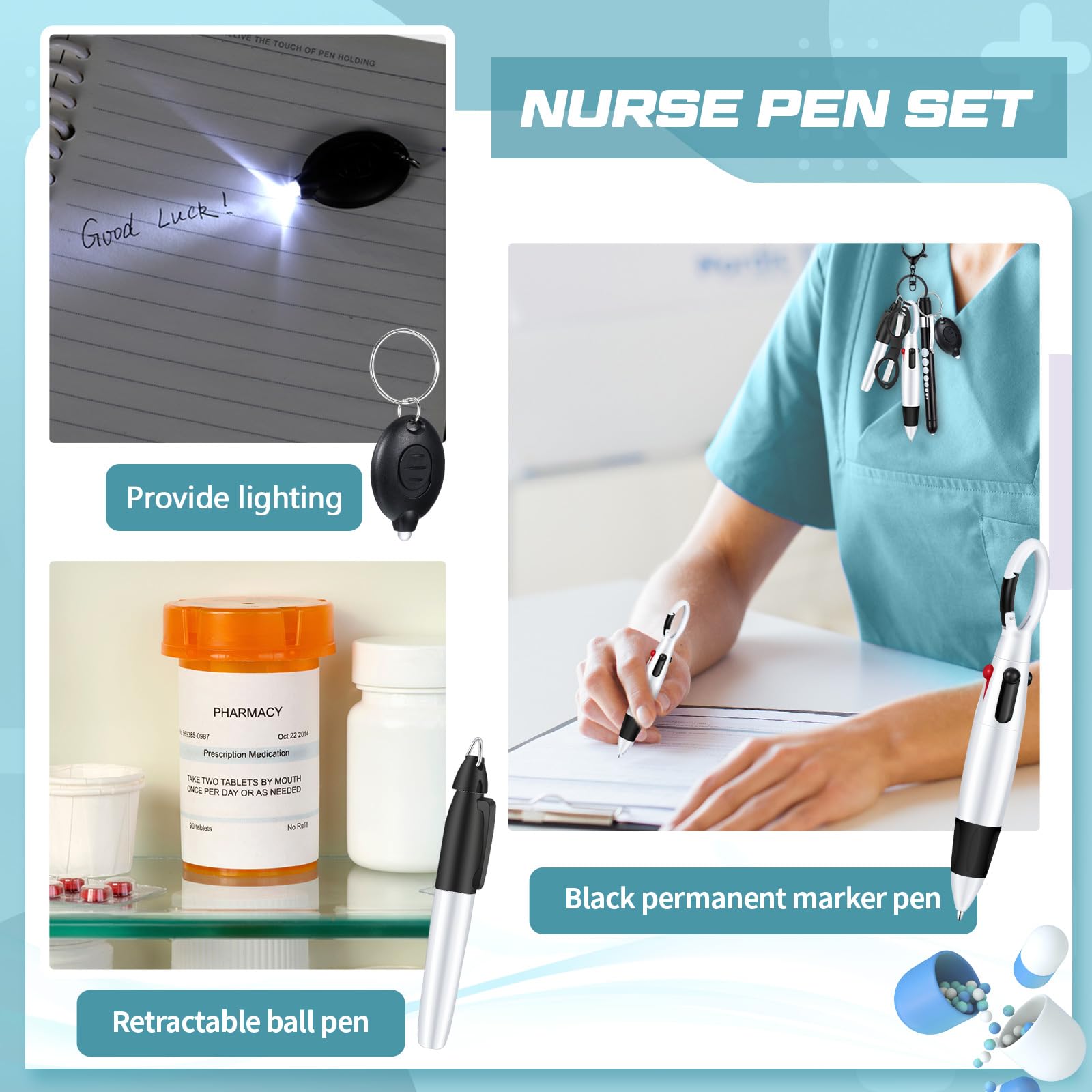 6-Piece Nurse Pen Set with Permanent Marker, Retractable Ballpoint Pen, Keychain Clip, Foldable Scissors & LED Flashlight - Essential Nursing Accessories for Medical Professionals (Black) - Perfect for Hospital Shifts, Clinical Work & Nursing School Supplies