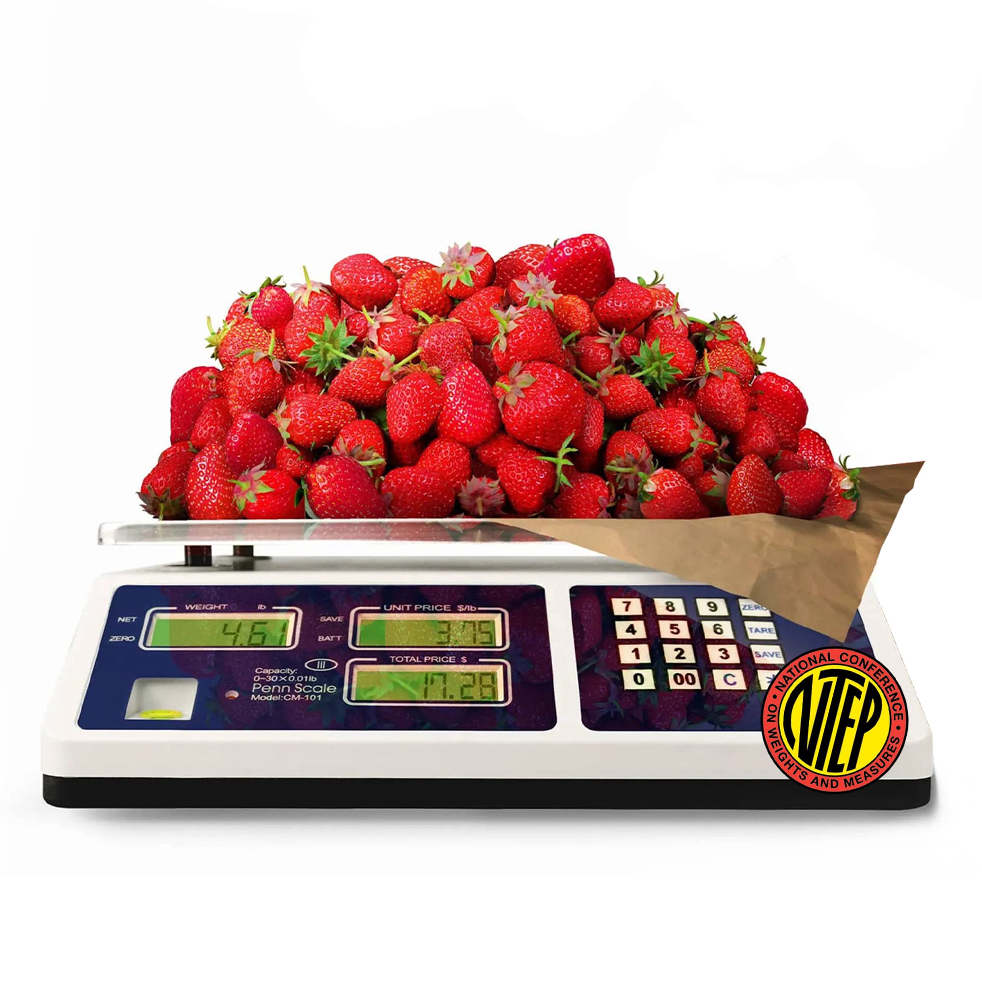 NTEP Certified CM-101 Digital Price Computing Scale - 30lb Capacity Commercial Scale with 0.01lb Precision, Rechargeable Battery & Dual LCD Display - Perfect for Grocery Stores, Farmers Markets & Retail Pricing (COC #04-101A1)