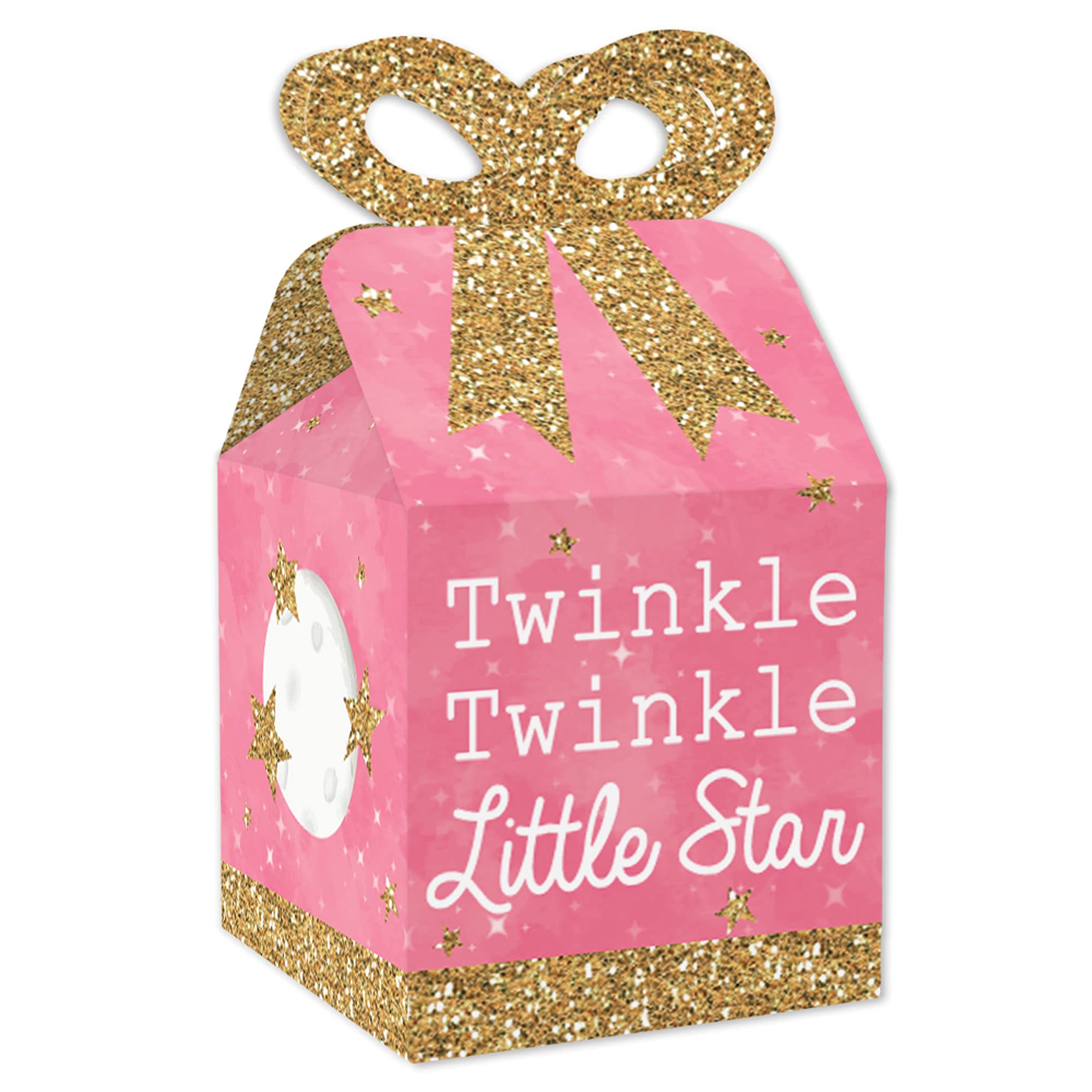 Big Dot of Happiness Pink Twinkle Twinkle Little Star Favor Gift Boxes - Set of 12 Square Baby Shower & Birthday Party Bow Boxes - Perfect for Newborn Celebrations, 1st Birthday Decorations & Special Event Favors