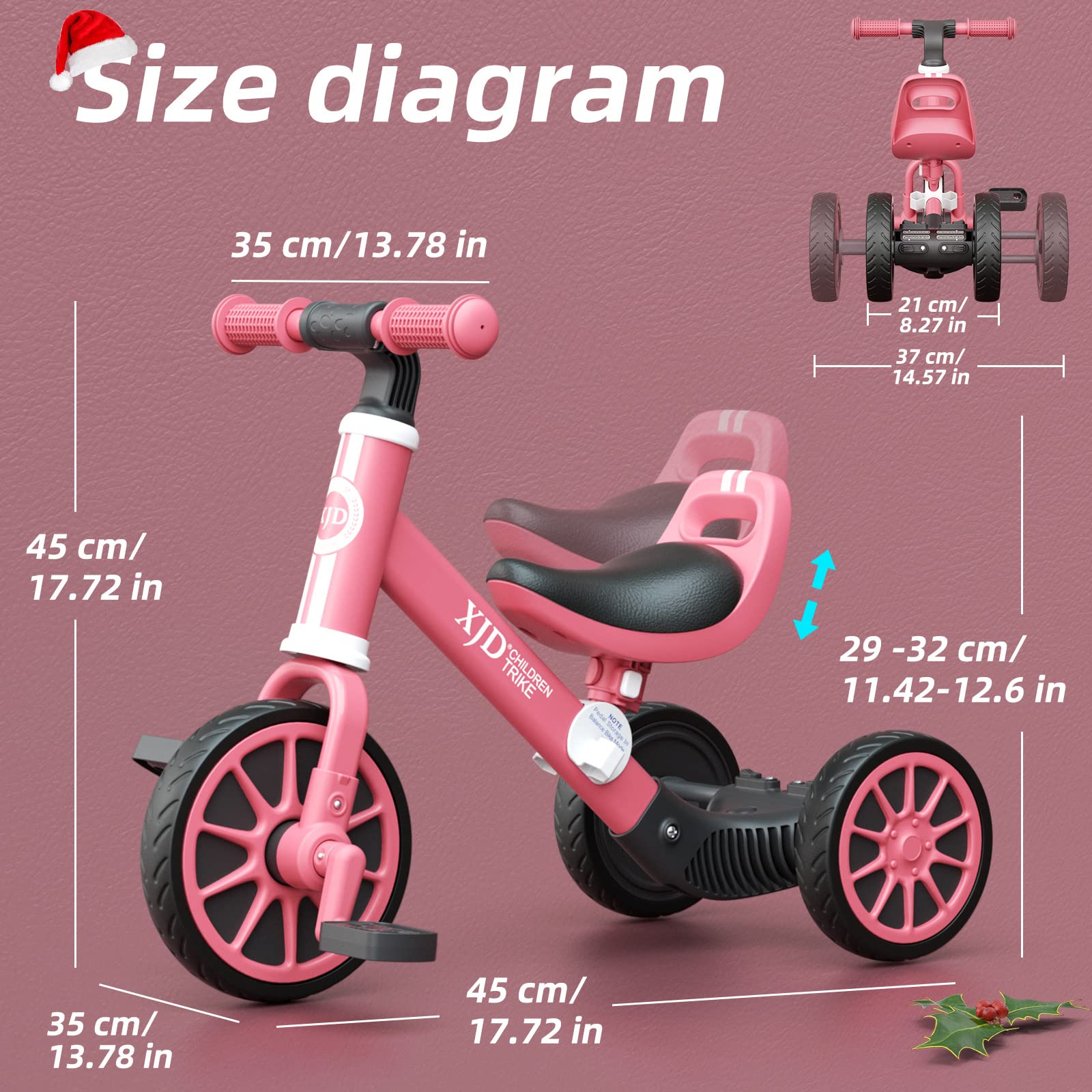 XJD 3-in-1 Convertible Kids Tricycle for Toddlers 24 Months to 4 Years Old - Adjustable Seat, Removable Pedals & 3 Wheel Design - Pink Baby Balance Bike for Boys & Girls - Perfect for Outdoor Play, Learning to Ride & Park Adventures