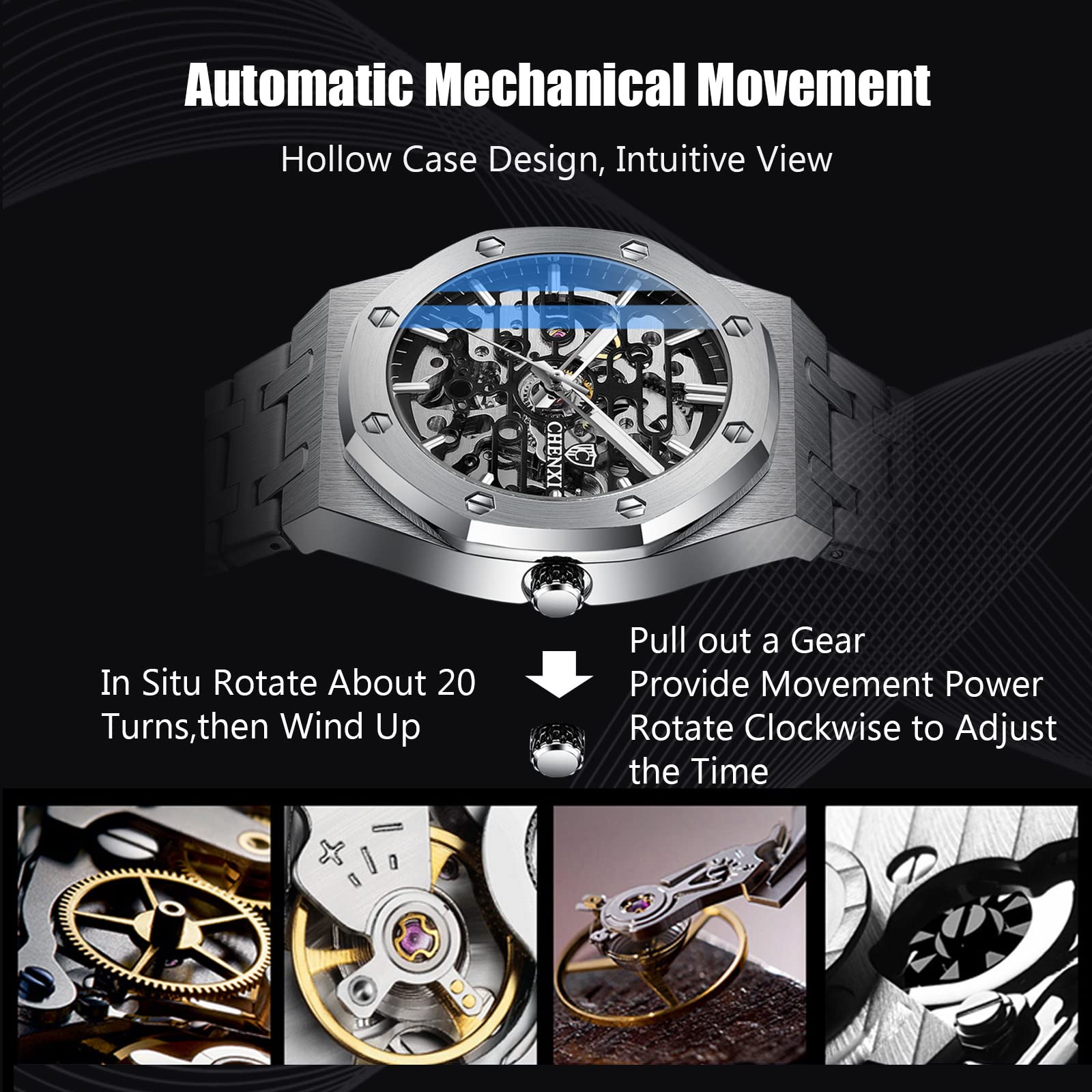 RORIOS Automatic Mechanical Business Dress Watch for Men - Self-Winding Luminous Stainless Steel Strap Wristwatch | Perfect for Office, Formal Events & Professional Settings
