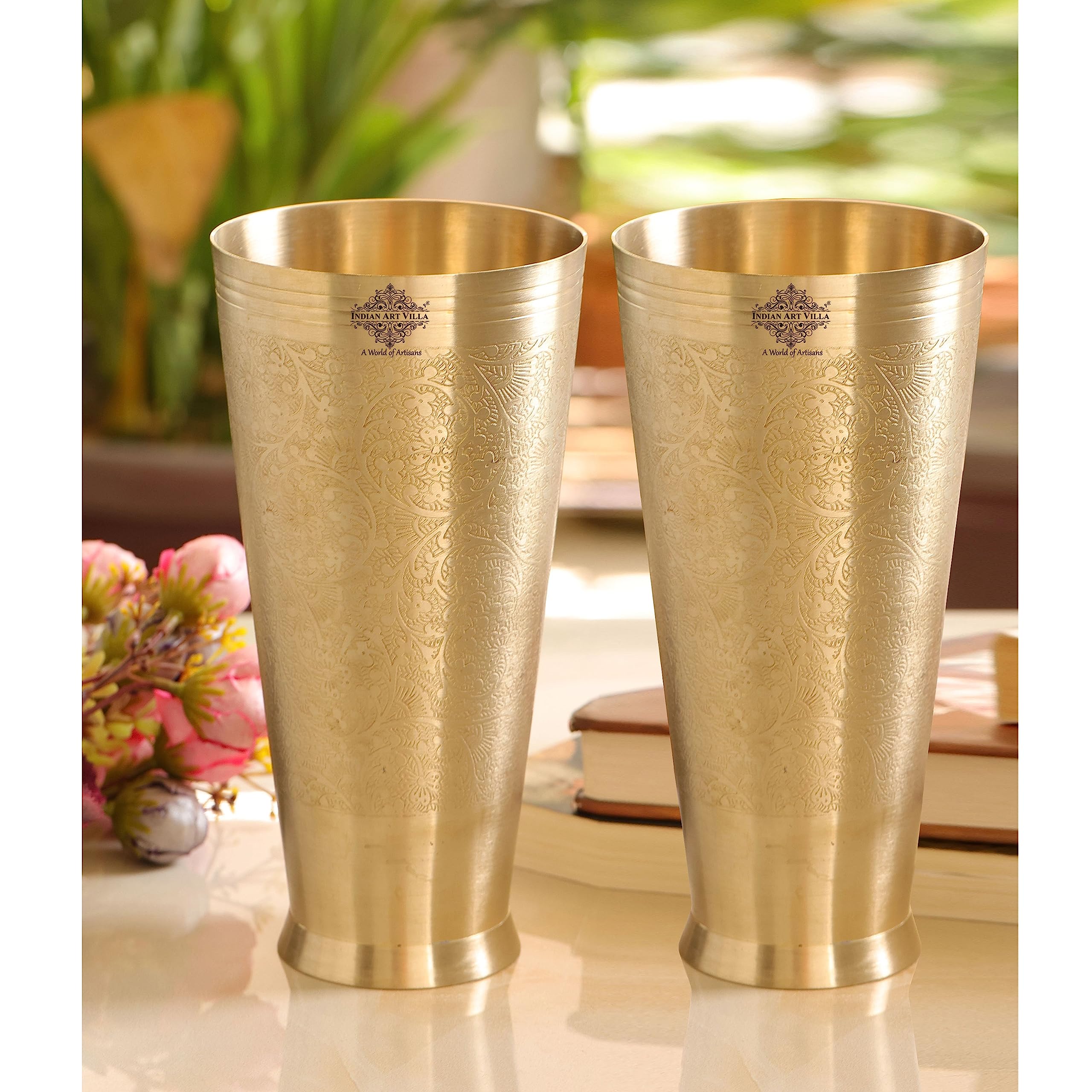 Premium Indian Brass Lassi Glass Tumbler Set - 54oz Embossed Flower Design Drinking Cups (Set of 2) - Perfect for Traditional Yogurt Drinks, Smoothies, and Chilled Beverages at Home or Restaurant