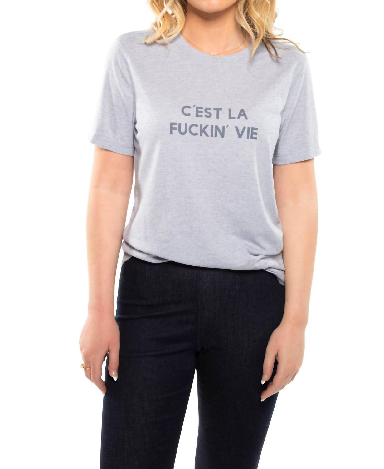 C'est La F*ckin Vie Graphic Short Sleeve Knit Tee in Powder Blue - Trendy Casual T-Shirt for Women - Perfect for Streetwear, Daily Outfits & Summer Fashion