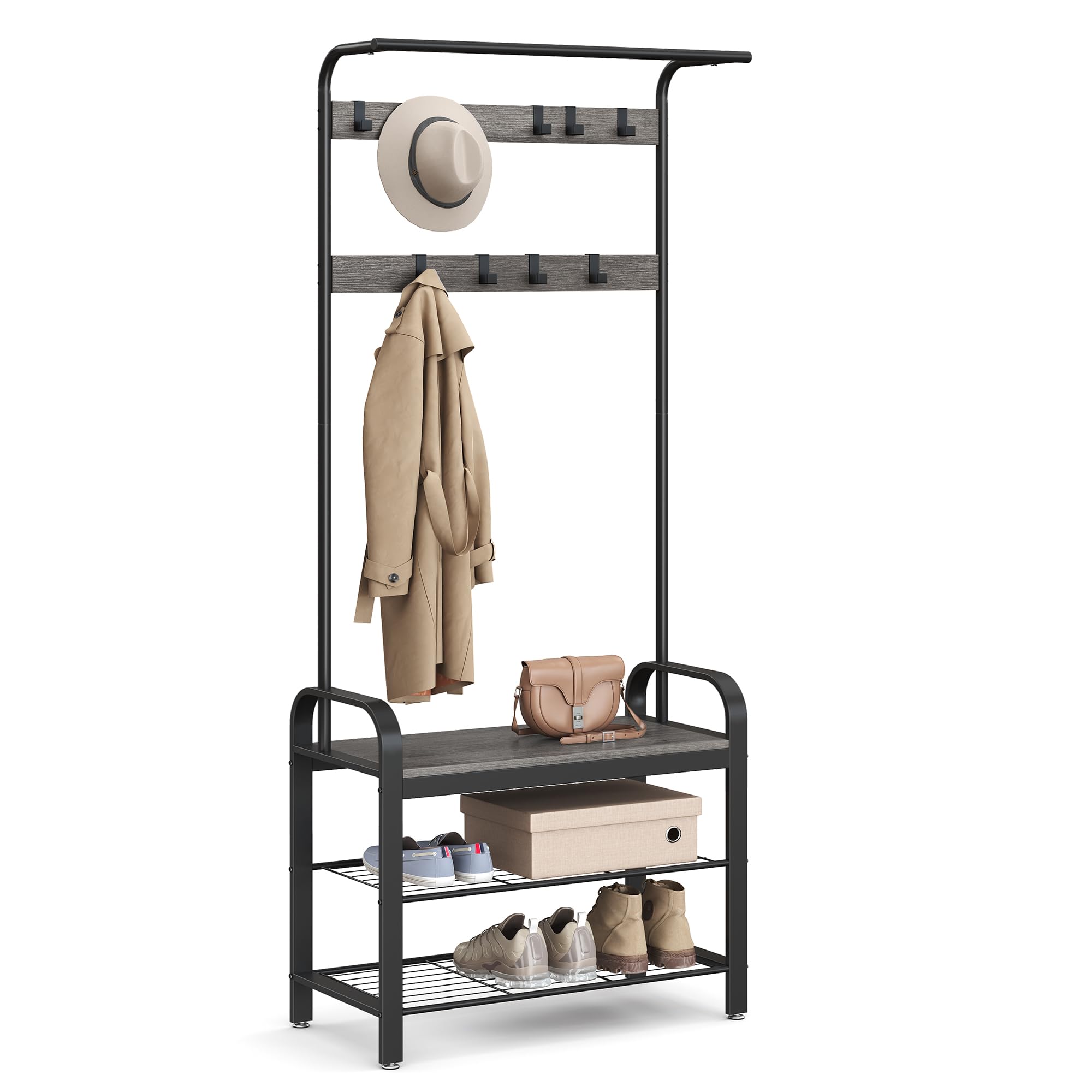 VASAGLE 4-in-1 Entryway Hall Tree with Shoe Bench, Coat Rack & 9 Removable Hooks - 72.1