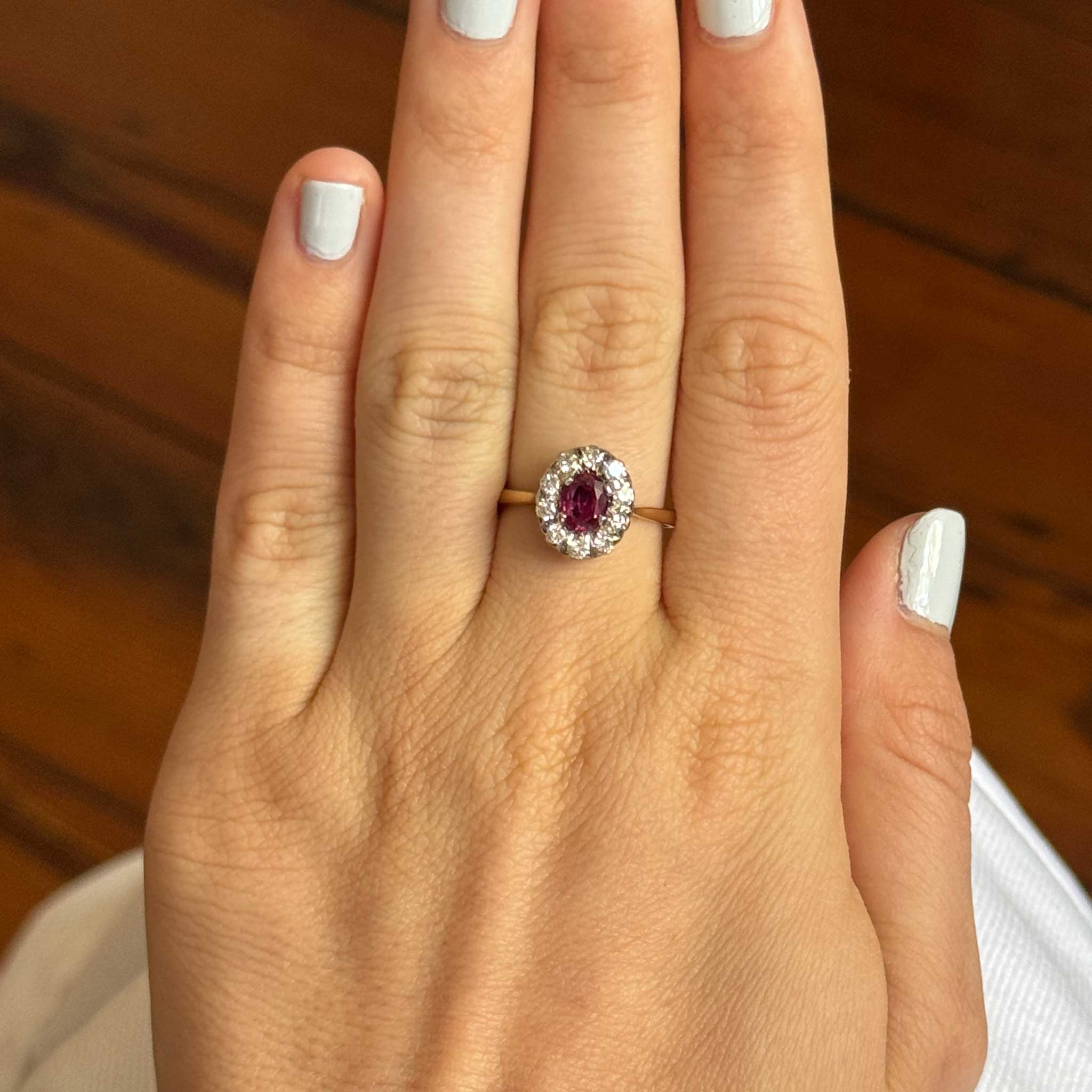 Victorian Style 0.69ct Oval Ruby and Diamond Cluster Ring in 18K Gold - Elegant Antique Jewelry for Weddings, Anniversaries & Special Occasions