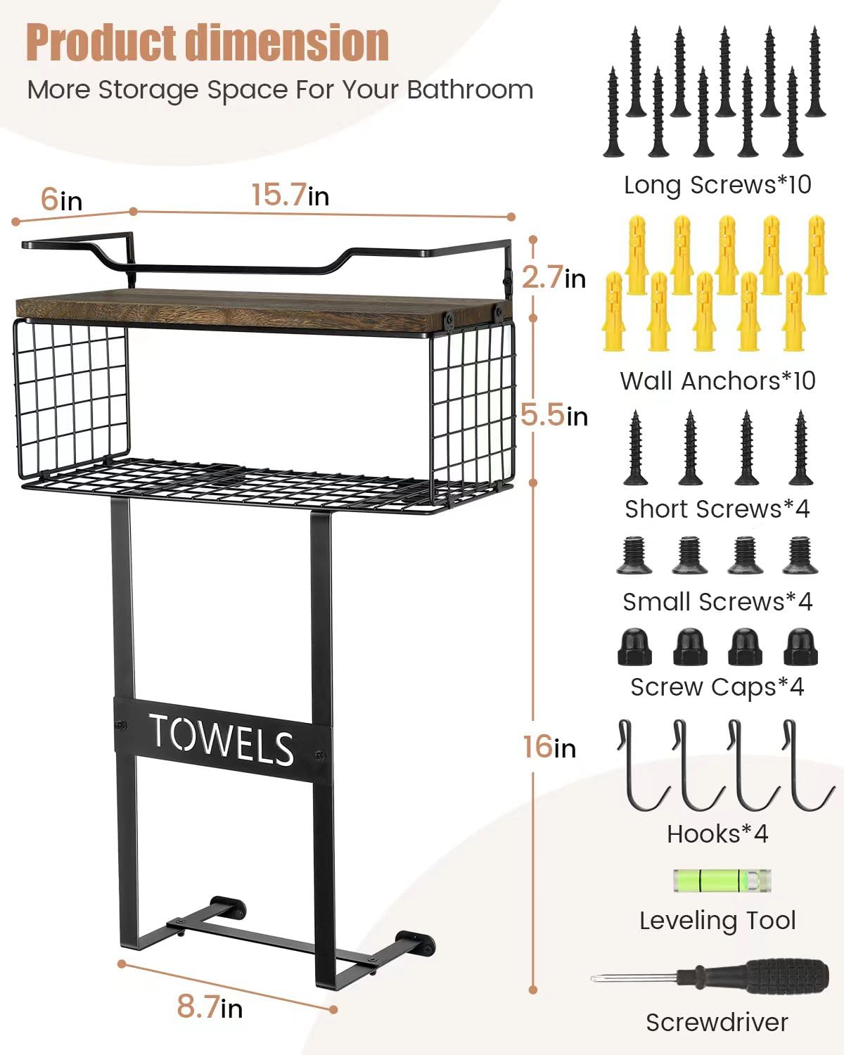 Rustic Brown Wooden Wall Mounted Bathroom Towel Rack Set - Space Saving Rolled Towel Shelf Organizer for Small Bathrooms - Perfect Above Toilet Storage & Bathroom Wall Decor for Home, Apartment, and RV Use