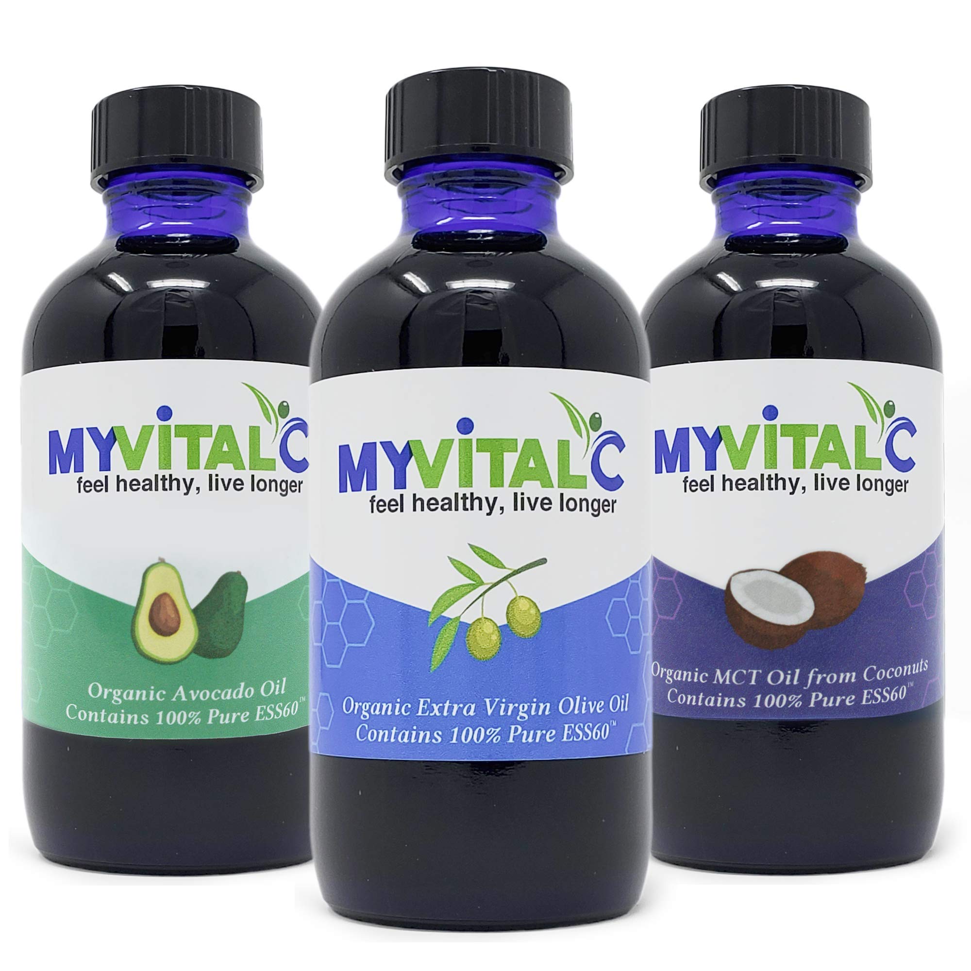 Organic Extra Virgin Olive Oil, MCT & Avocado Oil Combo - ESS60 Antioxidant Supplement for Anti-Aging, Longevity, Energy & Better Sleep - 3-Pack - Perfect for Keto Diet, Salad Dressing & Healthy Cooking