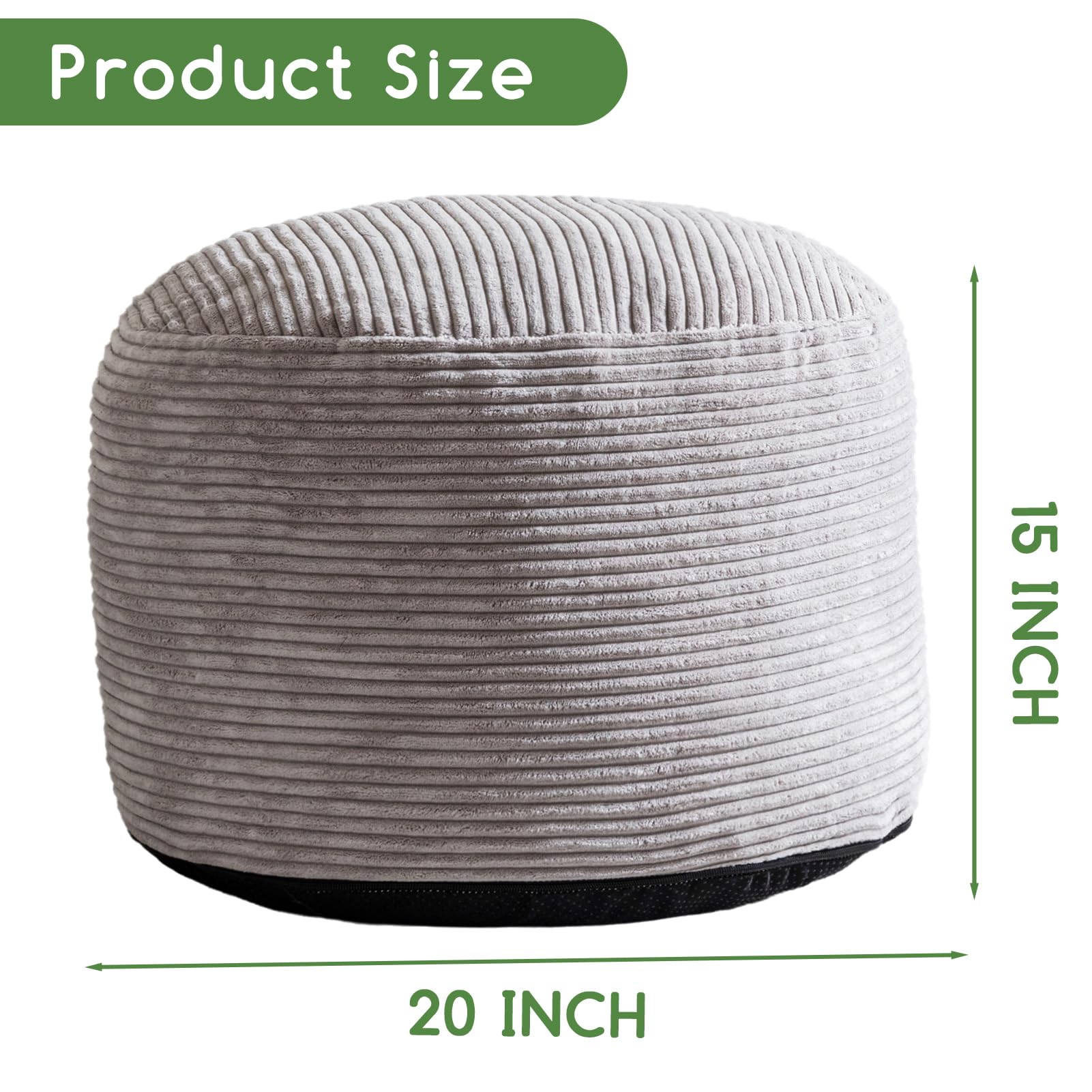 MAXYOYO Round Stuffed Pouf Ottoman - Corduroy Foam-Filled Footrest, 20 x 15 Inches, Grey | Perfect for Living Room, Bedroom & Nursery Decor