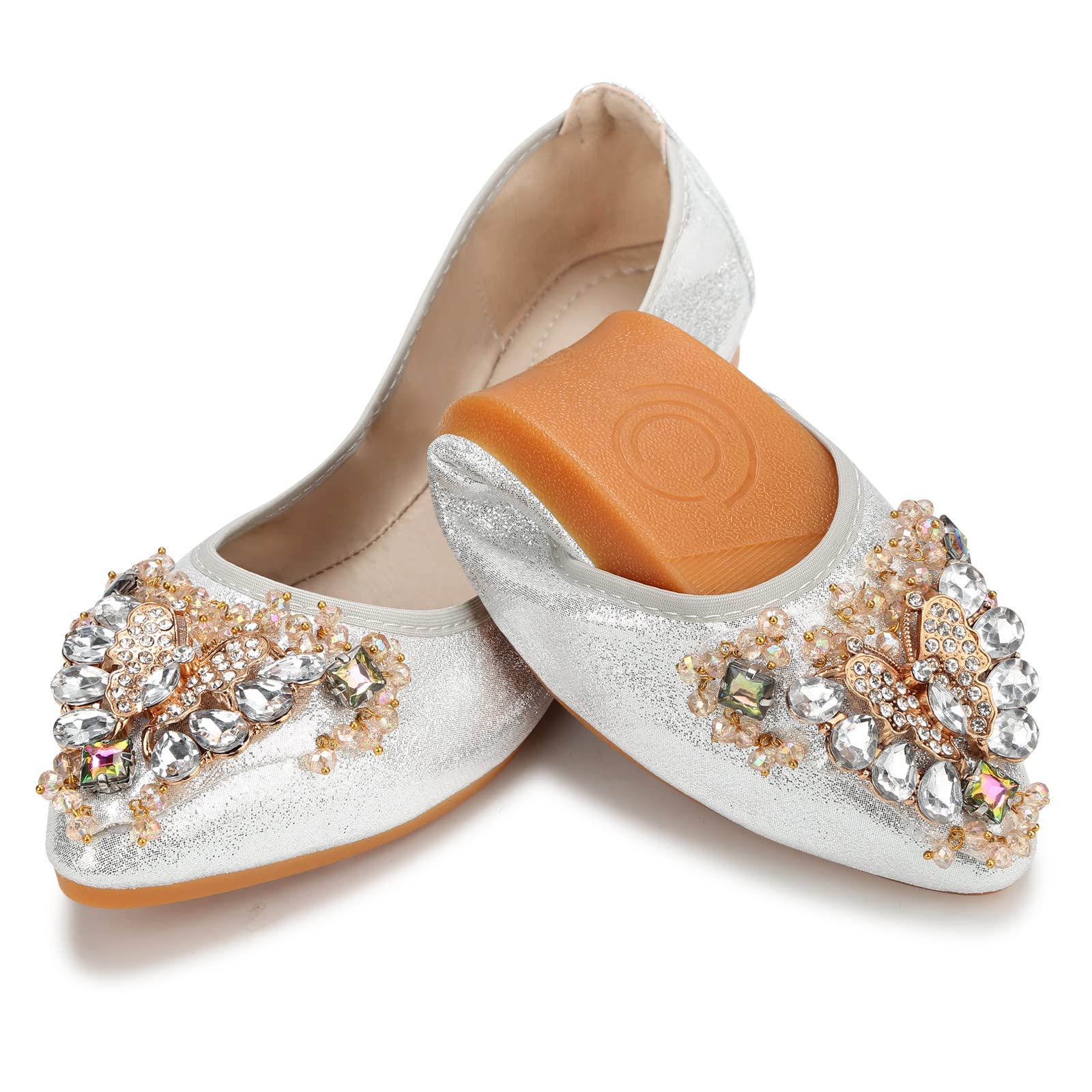 KUNWFNIX Women's Ballet Flats - Crystal Wedding Ballerina Shoes | Foldable Sparkly Comfort Slip-On Flats for Brides, Bridesmaids & Formal Events