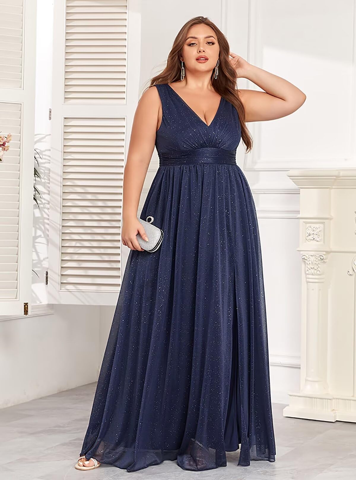Elegant V-Neck Glitter Evening Gowns for Women 2025 - Sleeveless A-Line Bridesmaid Dresses with Thigh Split | Perfect for Weddings, Prom, Cocktail Parties & Formal Events