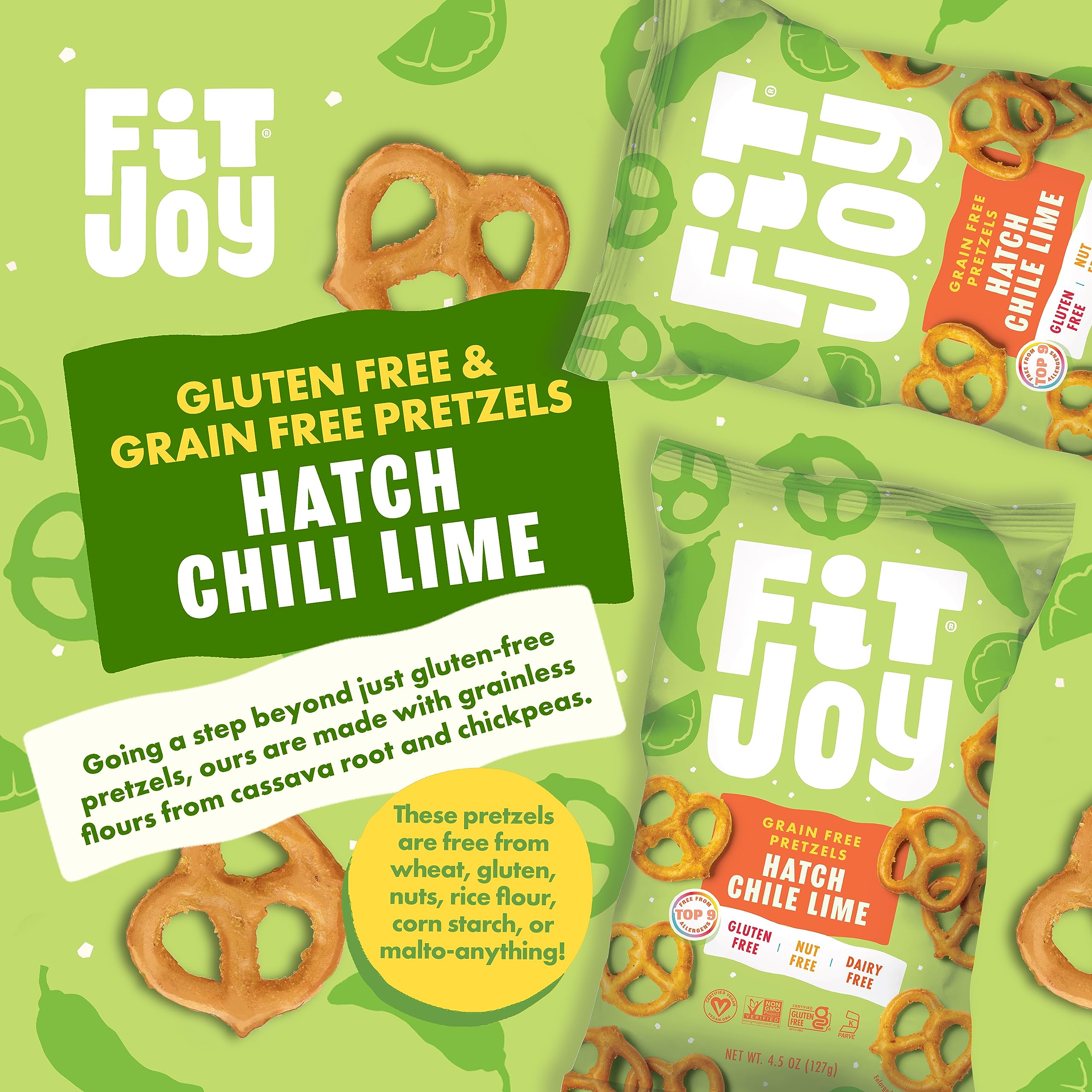 FitJoy Gluten Free Pretzels - Hatch Chile Lime Twists | Grain Free, Non-GMO, Vegan Certified Snacks | Made in USA, Nut Free, Crispy Crunchy Texture | Perfect for Keto Diet, Healthy On-the-Go Snacking & Party Favors (4.5 Oz, 6 Pack)