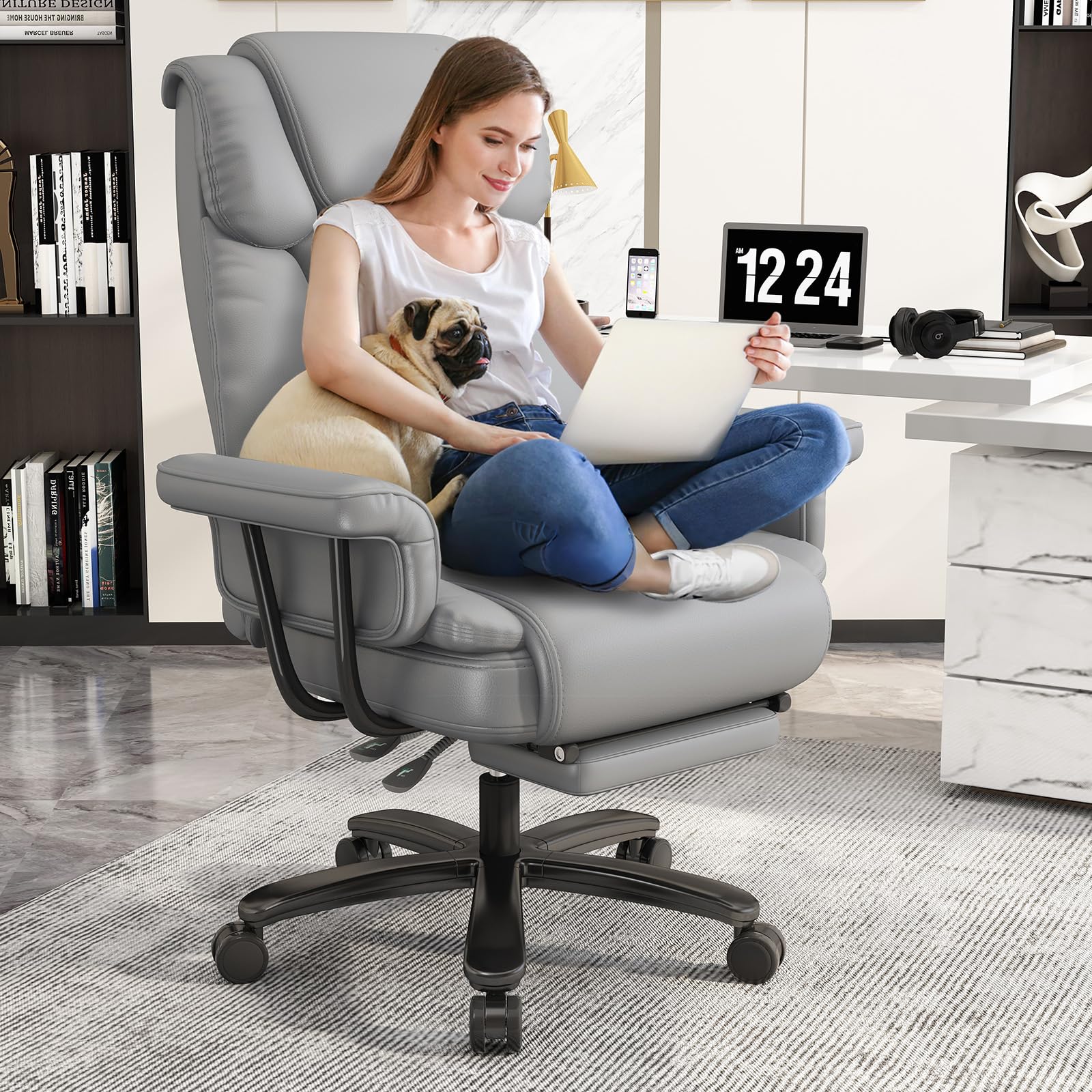 GYI Big and Tall Office Chair 400LBS Capacity - 160° High Back Reclining Ergonomic Desk Chair with Wide Seat, Adjustable Arms & Footrest - Grey - Perfect for Home Office, Gaming & Executive Workspaces