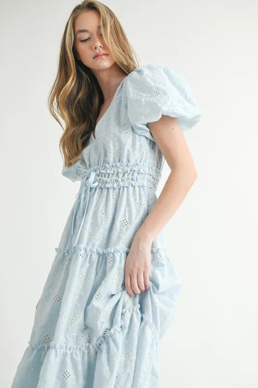 Light Blue Puff Sleeve V-Neck Midi Summer Dress - Flowy Casual Sundress for Beach, Vacation & Date Night
