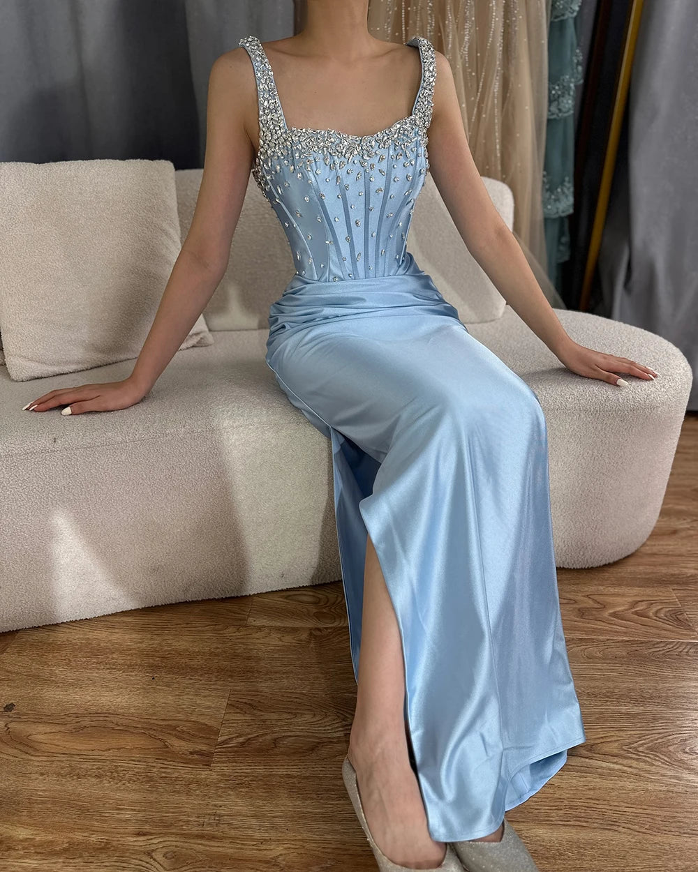 Luxury Dubai Saudi Blue Crystal Beaded Spaghetti Strap Mermaid Evening Gown with High Slit - Formal Party Dress for Prom, Wedding, Gala & Red Carpet Events