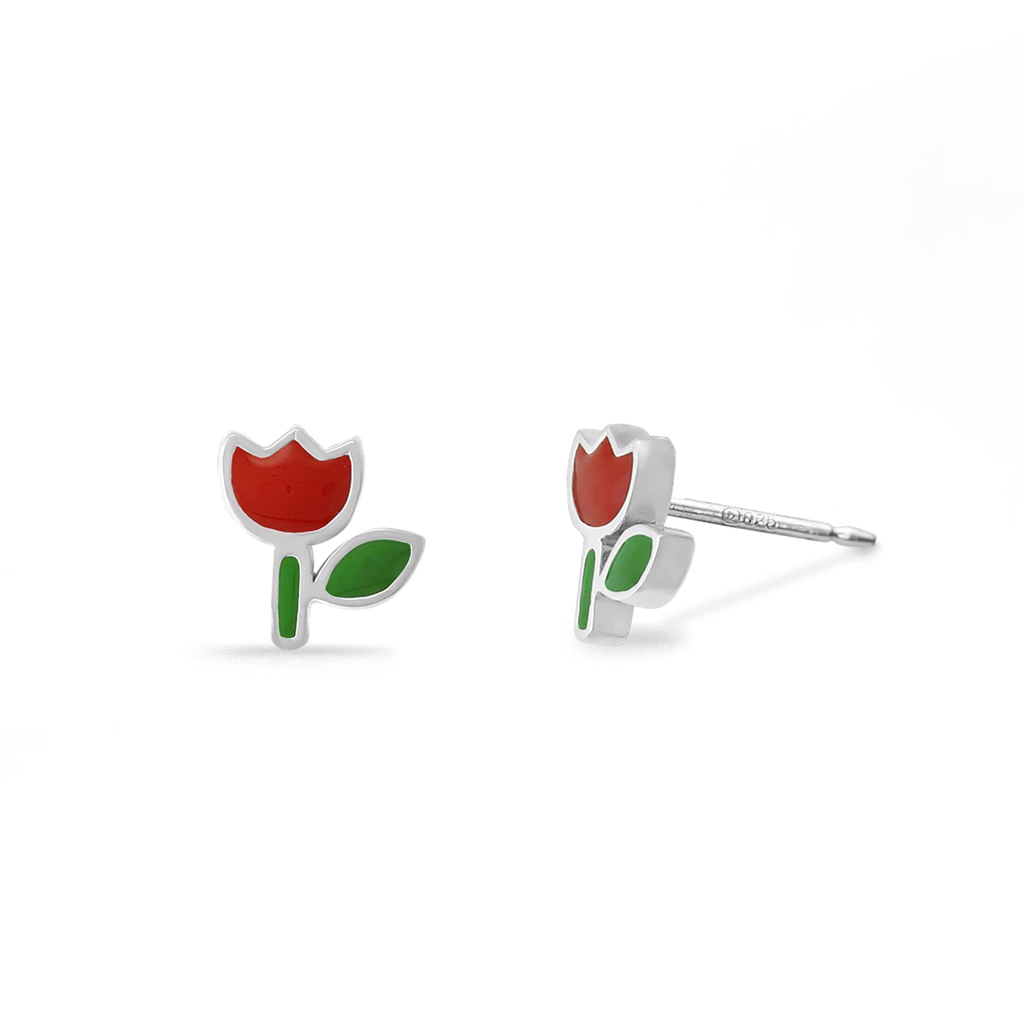 Boma Jewelry Sterling Silver Red & Green Resin Flower Stud Earrings for Women - Handmade Floral Dangle Earrings for Christmas, Party & Everyday Wear