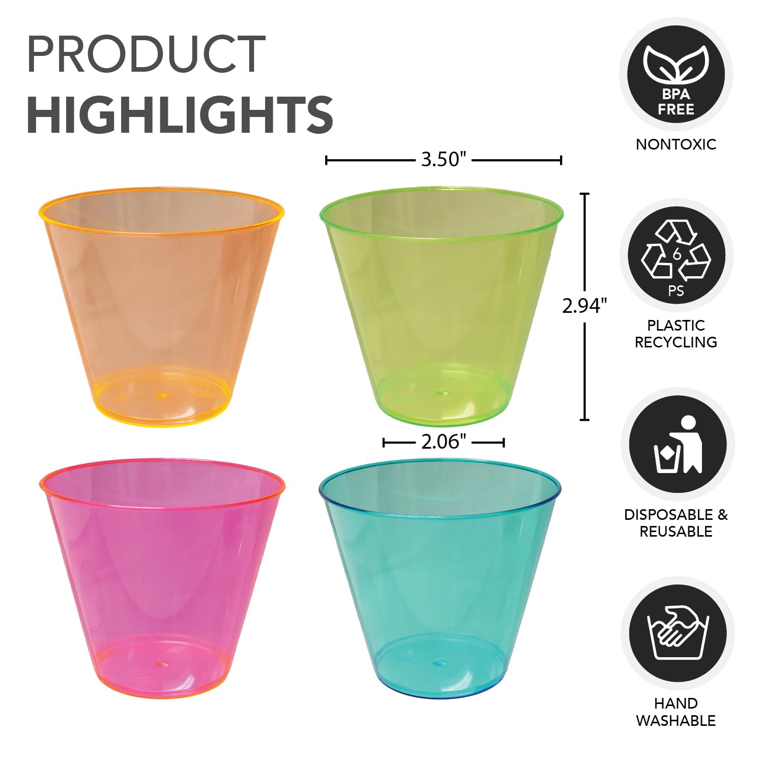 800-Pack Neon Party Cups - 9oz Hard Plastic Tumblers for Cocktails, Beer & Drinks | Durable Disposable Cups for Parties, BBQs, Events & Gatherings