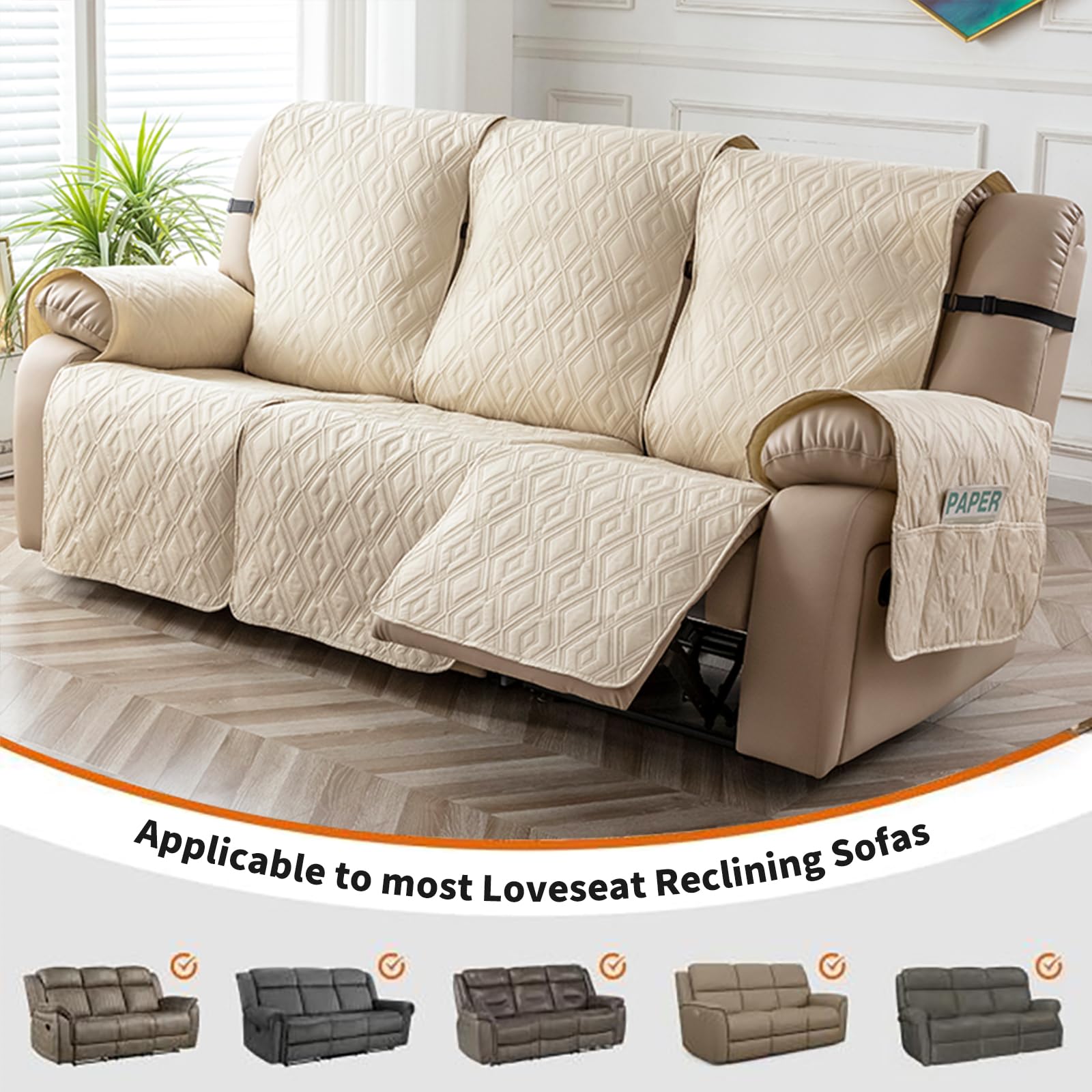 Waterproof Reclining Sofa Cover 3-Seater Non-Slip Washable Couch Protector for Pets & Kids - Beige | Perfect for Living Room, Family Room & Pet-Friendly Homes