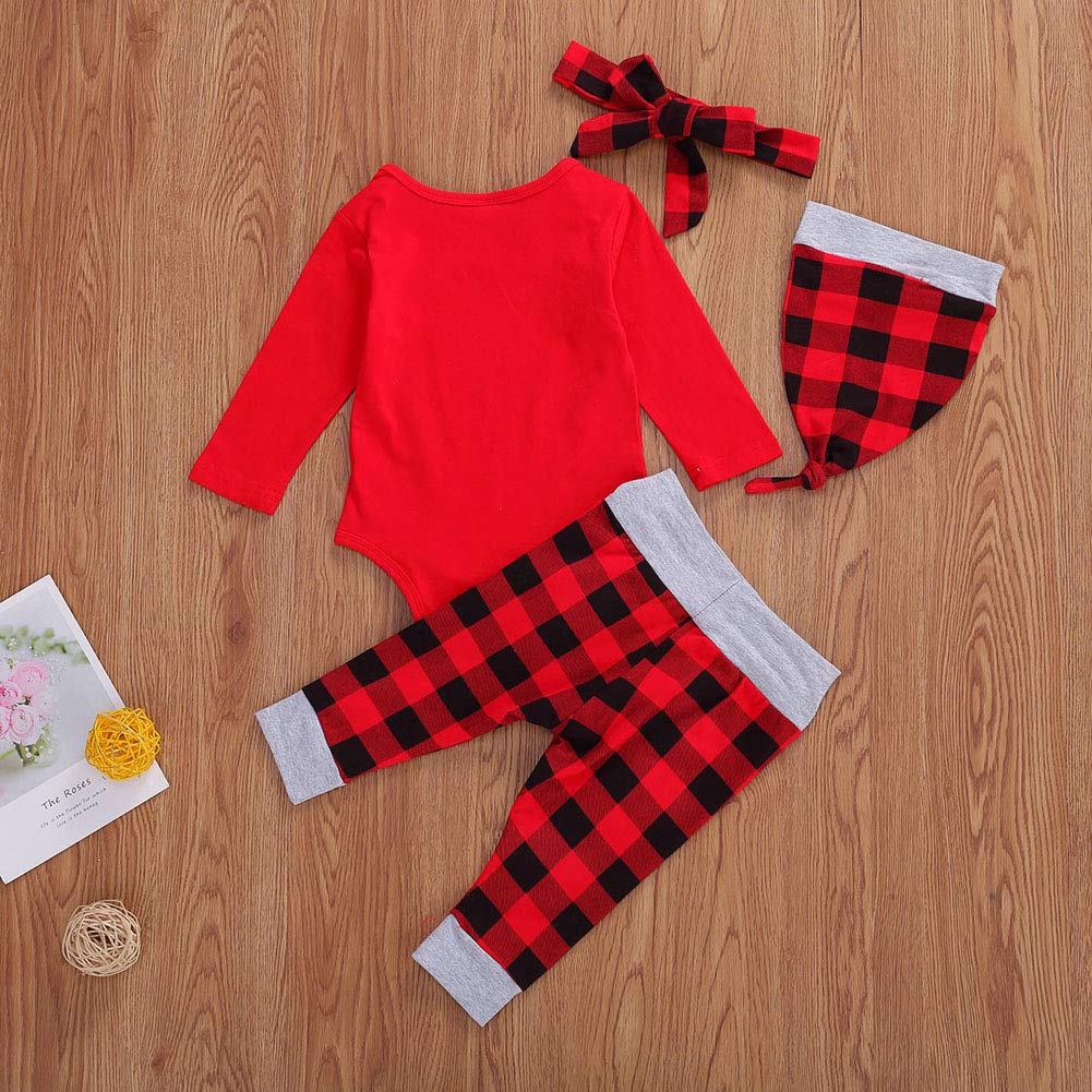 My 1st Christmas Outfit Set for Newborn Baby Boys & Girls - 4Pcs Long Sleeve Romper, Plaid Pants, Headband & Hat (Red, 6-12 Months) - Perfect for Holiday Photos, Family Gatherings & Christmas Celebrations