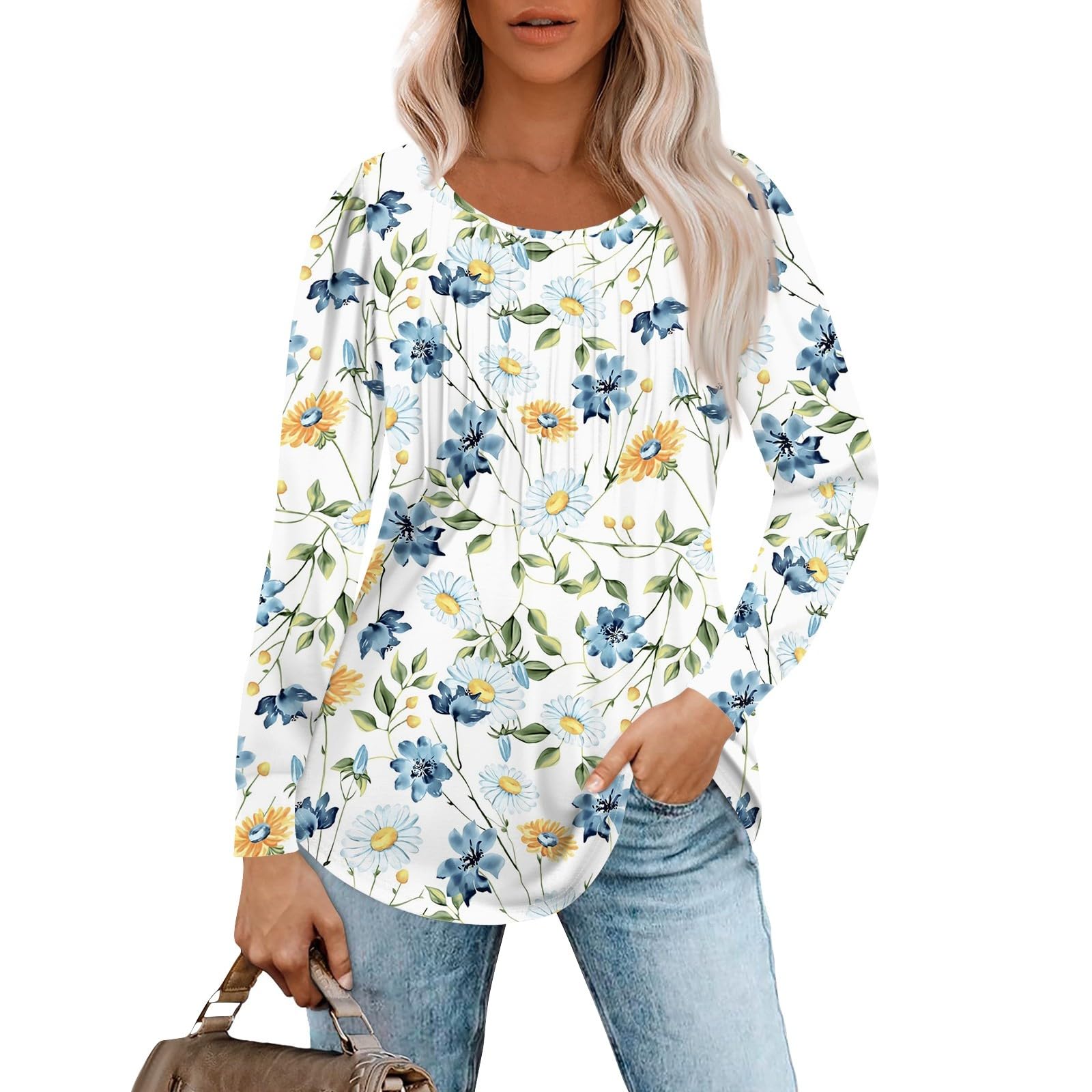 Women's Long Sleeve Tunic Tops - Casual Crewneck Loose Blouse with Floral Print, Trendy Fall Fashion Basic Top for Women | Perfect for Work, Date Night & Autumn Outfits