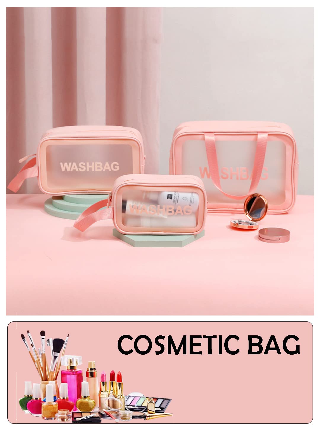 Amso Waterproof PVC Cosmetic Bag Set of 3 - Travel Makeup Organizer for Brushes, Toiletries & Accessories - Pink Zippered Portable Pouch for Home, Gym & Vacation Essentials
