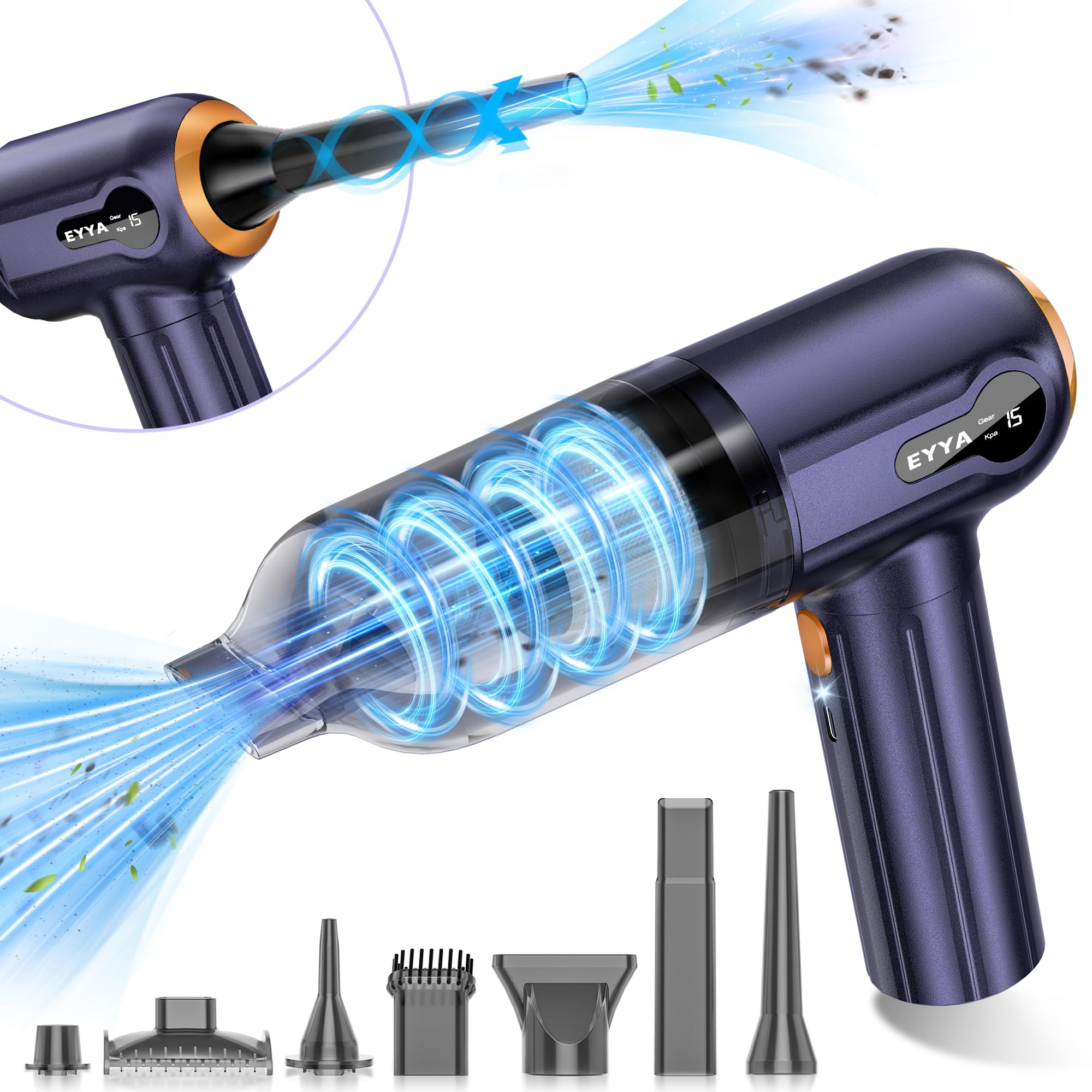 EYYA Cordless Handheld Car Vacuum Cleaner - 15000PA High Power Portable Mini Vacuum & Air Duster with 3 Speed Settings, Digital Display - Rechargeable for Car Detailing, Home Cleaning, Pet Hair Removal (Ideal for Cars, Sofas, Stairs & Hard-to-Reach Areas)