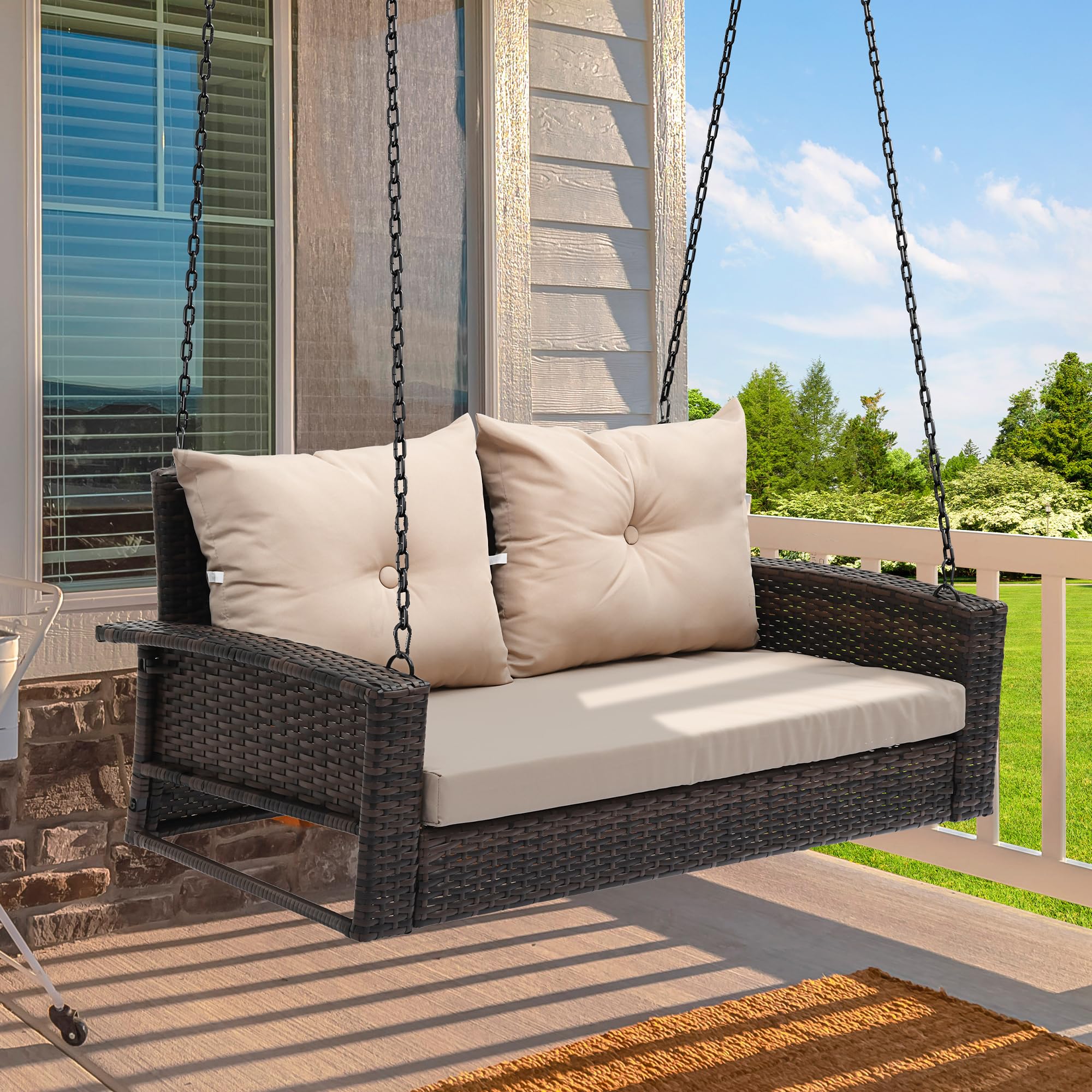 YITAHOME Outdoor Wicker Hanging Swing Chair - 530lb Capacity Brown Rattan Porch Swing with 2 Cushions for Patio, Garden, Balcony & Living Room - Perfect for Relaxing, Lounging & Decorating Your Outdoor Space
