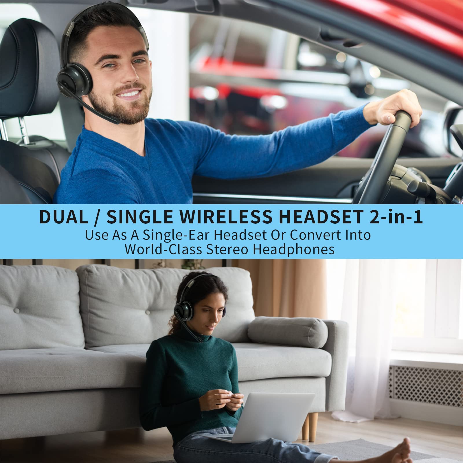 Wireless Bluetooth Headset with Microphone V5.2 - AI Noise Cancelling Single/Dual Ear Headphones for Phone, Laptop, Office - Perfect for Truckers, Call Centers, Zoom Meetings & Online Classes