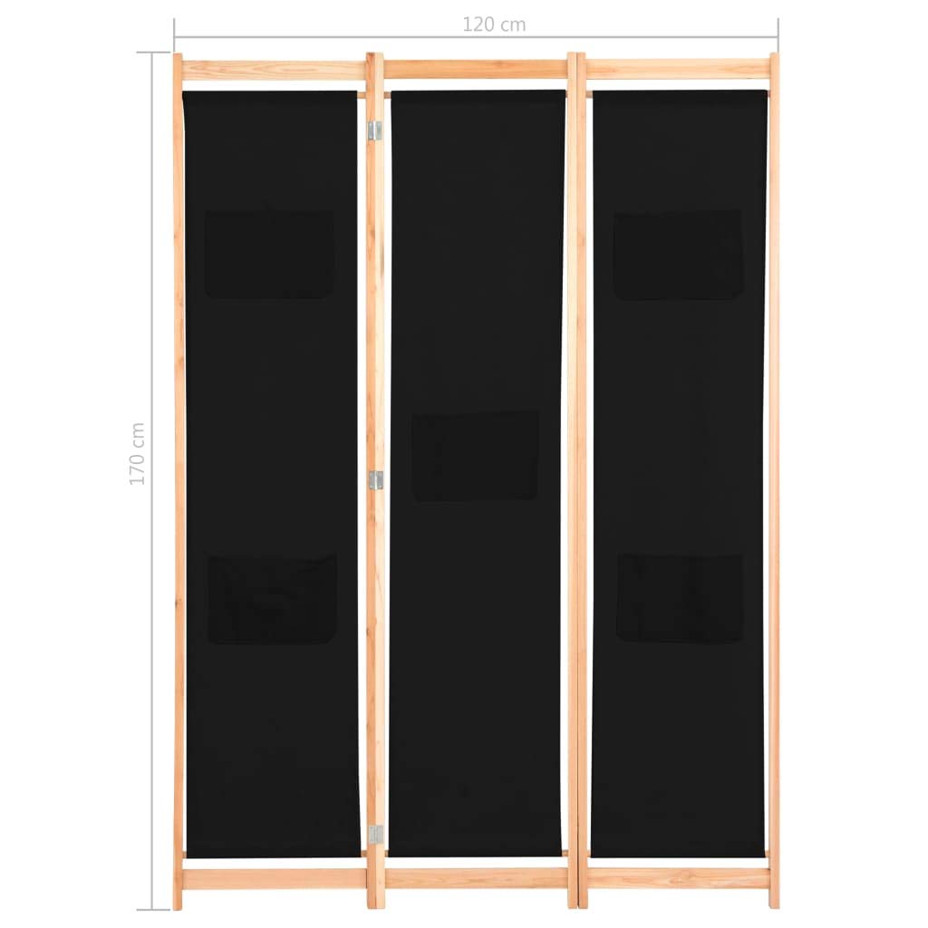 3-Panel Black Fabric Room Divider Screen - 47.2