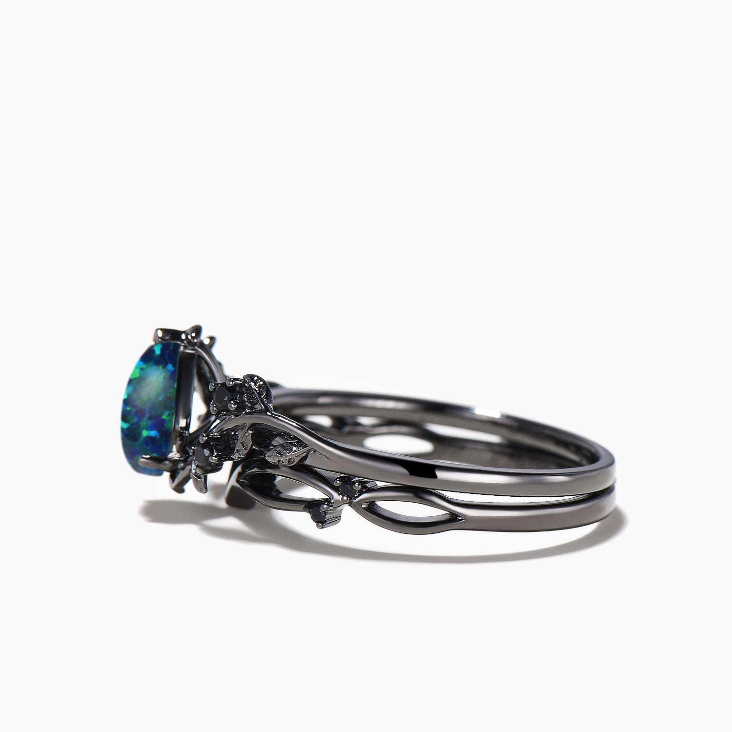 Black Opal Teardrop Leaf Wedding Ring Set - Nature Inspired Black Gold Bridal Jewelry for Engagement, Anniversary & Special Occasions