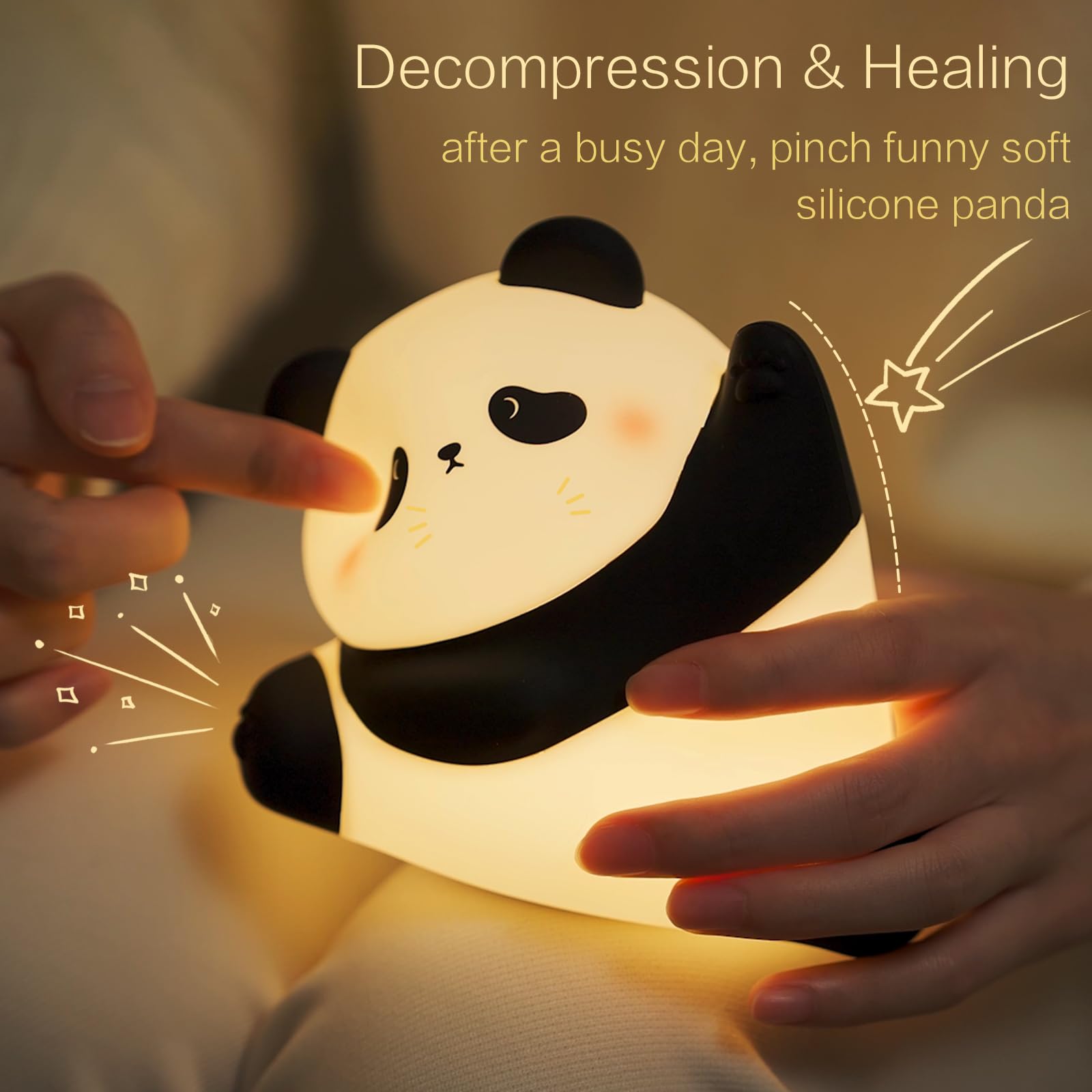 Kung Fu Pose Panda Night Light - LED Squishy Cute Animal Lamp, Food-Grade Silicone Nightlight with 3-Level Dimmable Brightness, Perfect for Bedroom, Nursery, College Dorm Decor - Funny Gift Idea for Kids, Teens & Panda Lovers