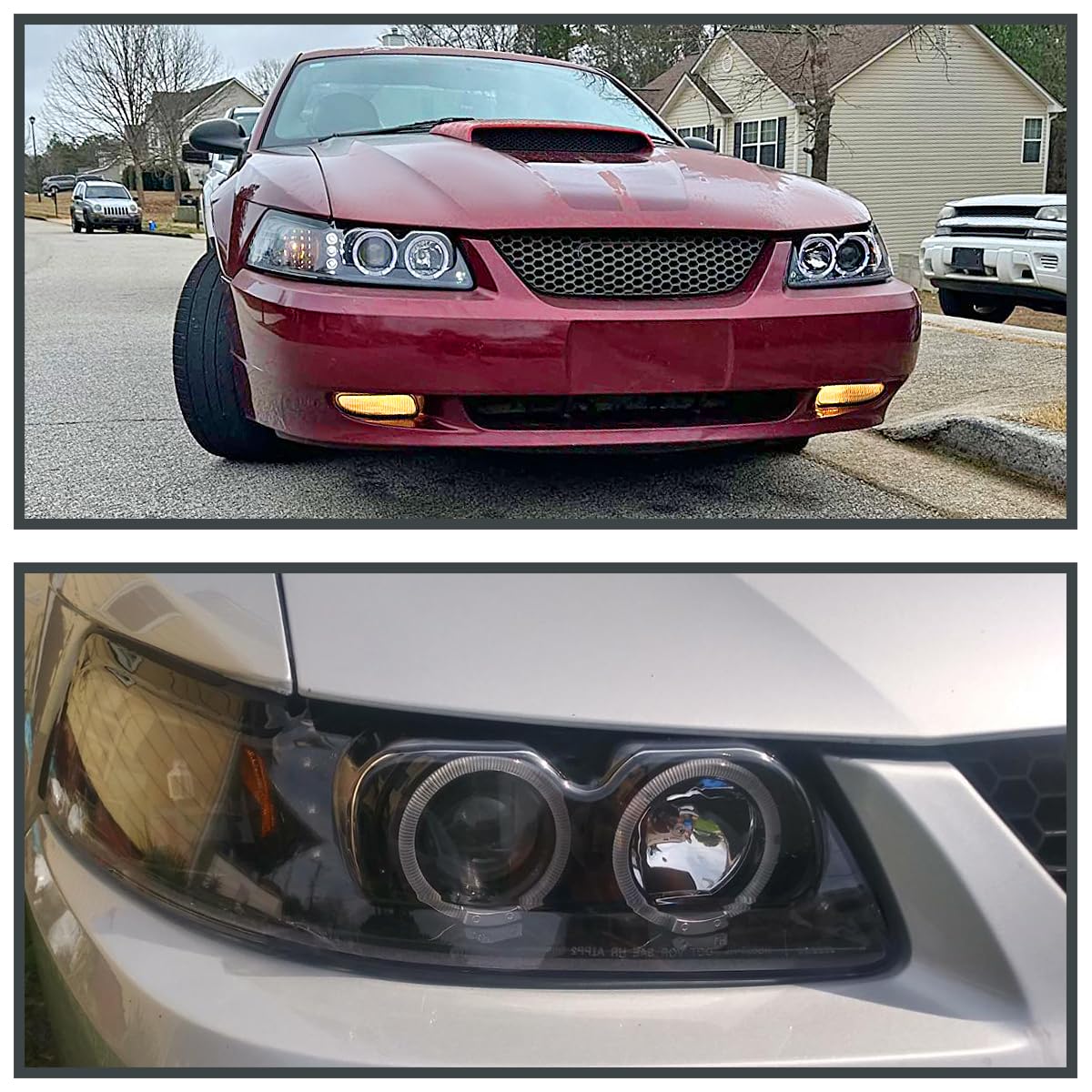 Spec-D Tuning Jet Black LED Dual Halo Projector Headlights for 1999-2004 Ford Mustang - Left & Right Pair Headlamp Assembly - Upgrade Your Ride with Enhanced Night Visibility & Style