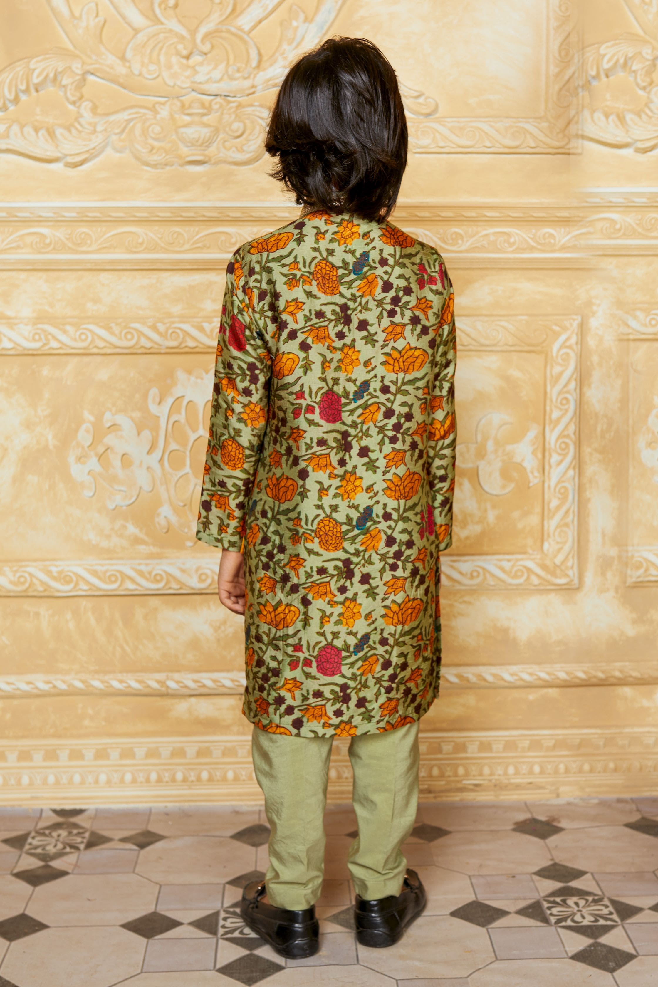 Pre Order: Green Floral Printed Kurta with Mustard Bandi Pants Set | Indian Ethnic Wear for Women | Perfect for Festivals, Weddings & Cultural Events