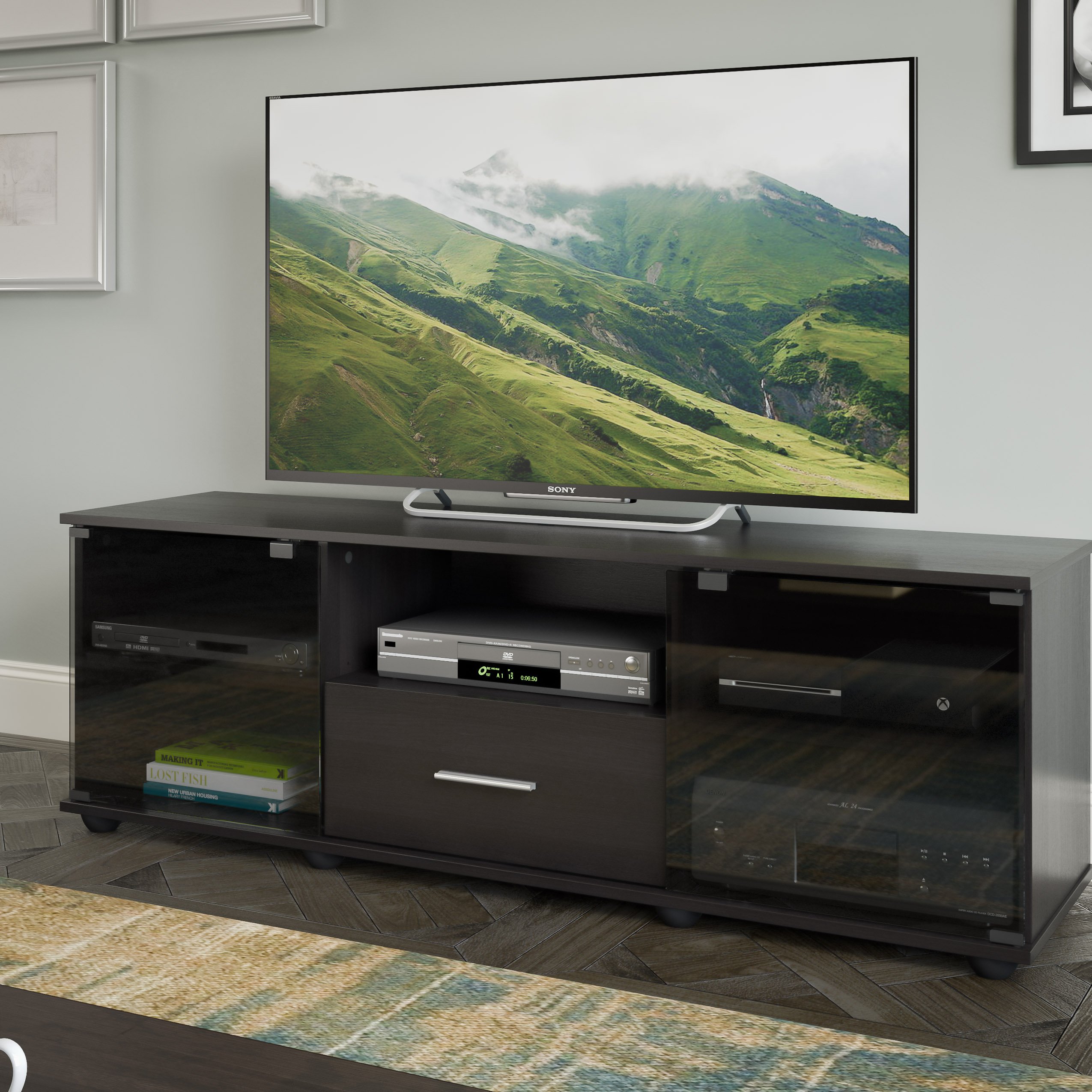 CorLiving Fernbrook TV Stand for Living Room - 60 Inch Modern Entertainment Center with Storage, Black - Perfect for TVs up to 65
