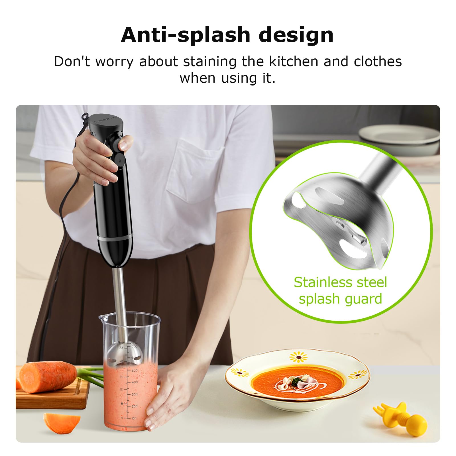 Bonsenkitchen Immersion Hand Blender - 2-Speed Electric Stick Mixer with Stainless Steel Blades for Smoothies, Soups, Purees & Baby Food - Perfect for Kitchen, Baby Food Prep & Healthy Blending at Home